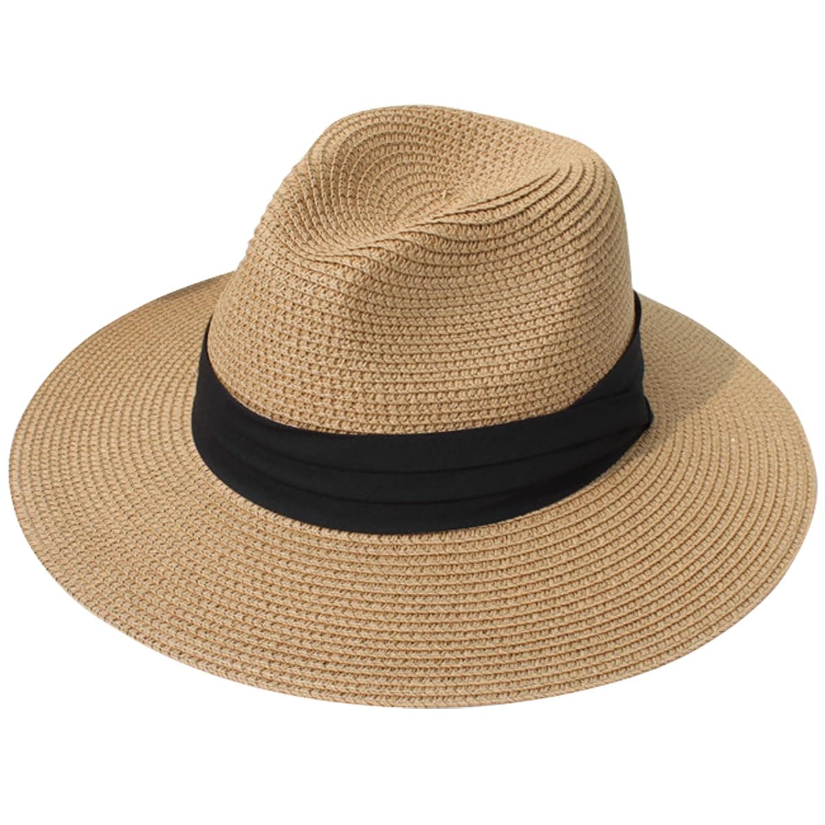 Lanzom Women Wide Brim Straw Panama Roll up Hat Fedora Beach Sun Hat UPF50+ One Size-Medium Brown/Black