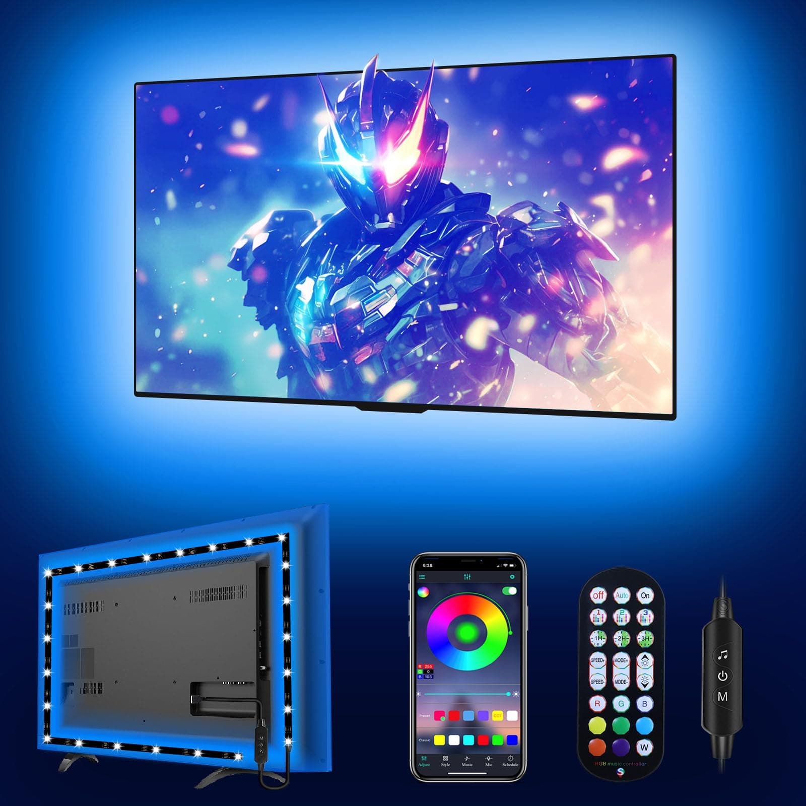 Daymeet LED Lights for TV Backlight, 13.1ft USB RGB Light Strip for 40-65 Inch Behind Lighting, Color Changing With Remote, Music Sync, Bluetooth APP Control for Bedroom, Computer, PC Solid Colours 13.1ft for 40"-65"TV