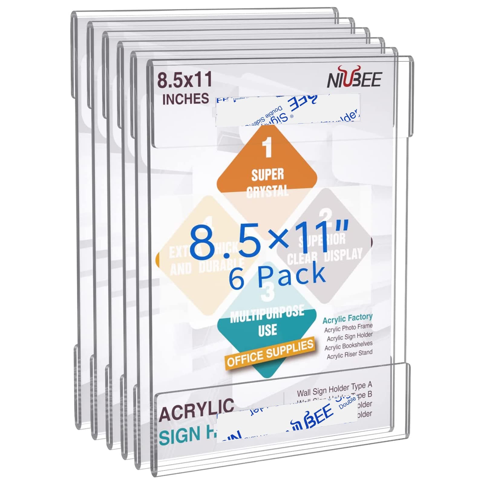 NIUBEE 8.5x11 Clear Acrylic Plexi Sign Holders with Double Sided Adhesive Tape, Wall Sign Memo Document Menu Holder for Office, Home, Store, Restaurant-No Drilling (6 Pack) 8.5x11"