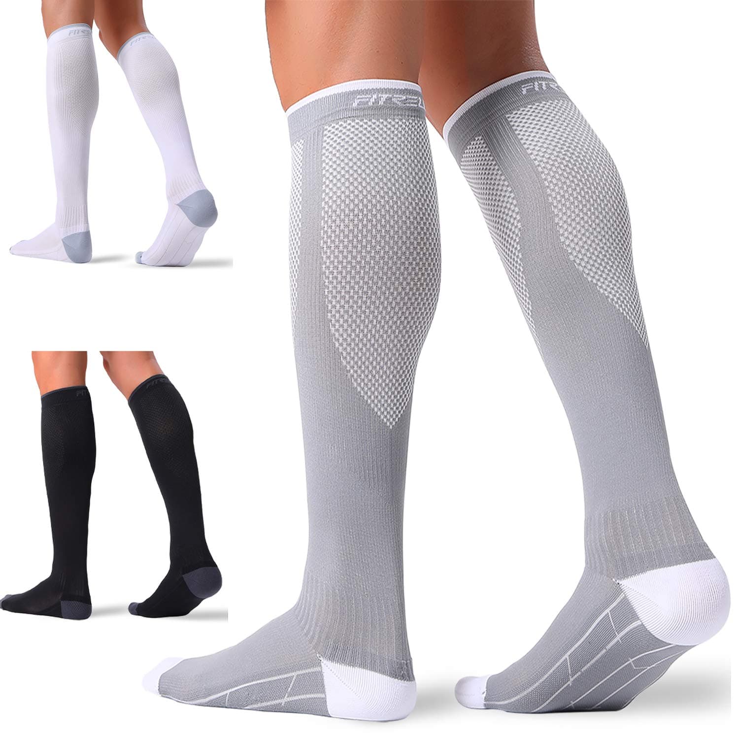 FITRELL 3 Pairs Compression Socks for Women and Men 20-30mmHg-Circulation Support Socks Small-Medium Black+white+grey