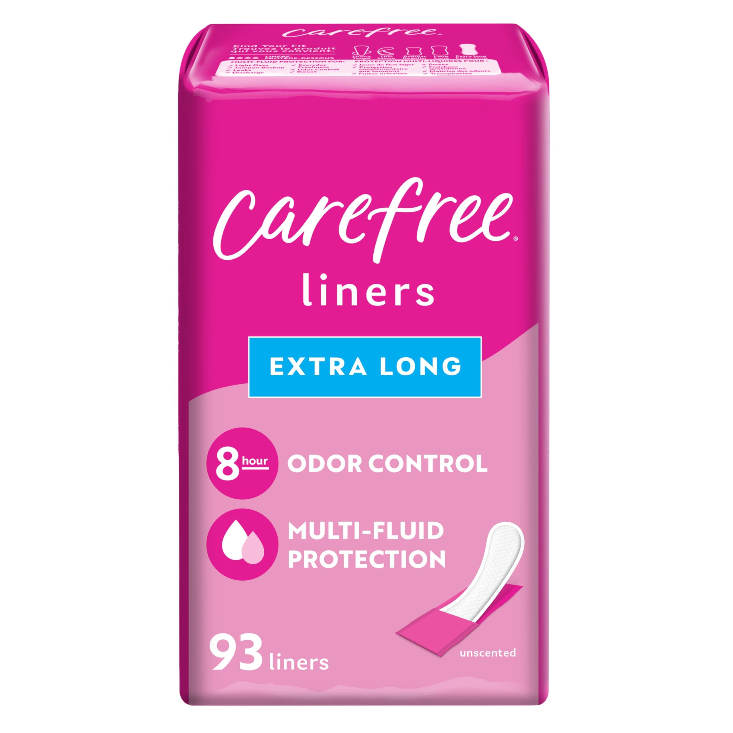 Carefree Panty Liners for Women, Extra Long, Wrapped, Unscented, 93ct | Pantiliners, Carefree, Daily Liners for Women, Light Periods and Leaks, 8-Hour Odor Control | 93ct (Packaging May Vary) 93 Count (Pack of 1)