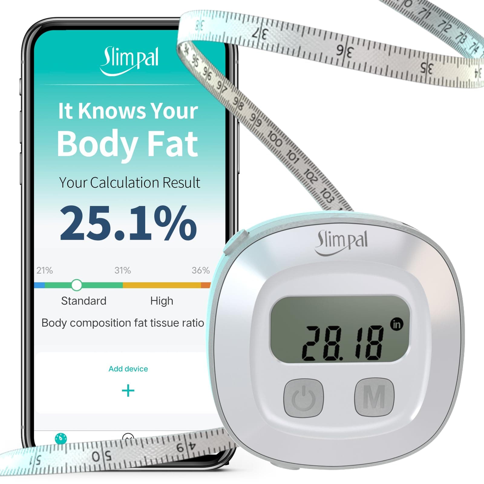Slimpal Smart Body Tape Measure, FSA HSA Eligible Approved Measuring Tape for Body Measurements Device, Retractable Bluetooth Monitoring Body Fat BMI Tool for Fitness Shape & Weight Loss