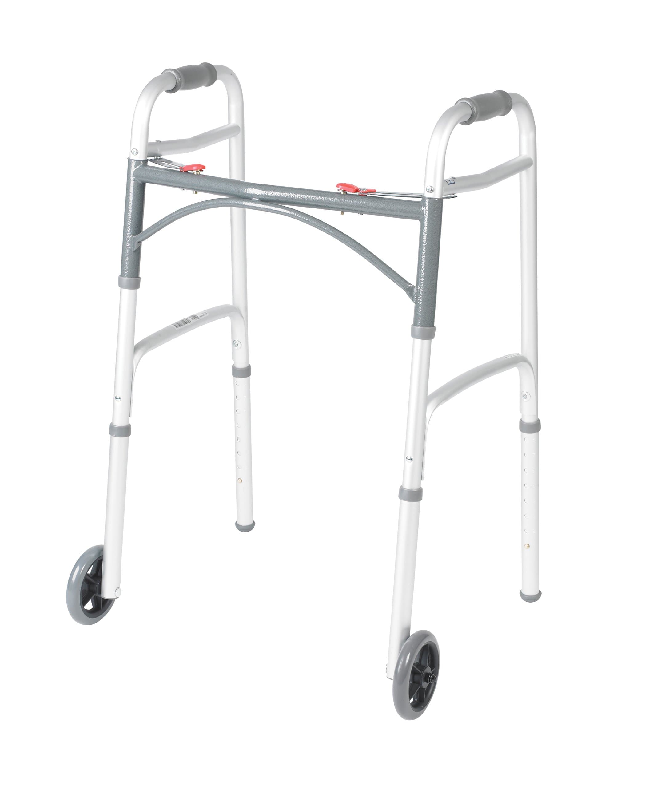 Drive Medical 10210-1 2-Button Folding Walker with Wheels, Rolling Walker, Front Wheel Walker, Lightweight Walkers for Seniors and Adults Weighing Up To 350 Pounds, Adjustable Height, Silver 2-Button Walker