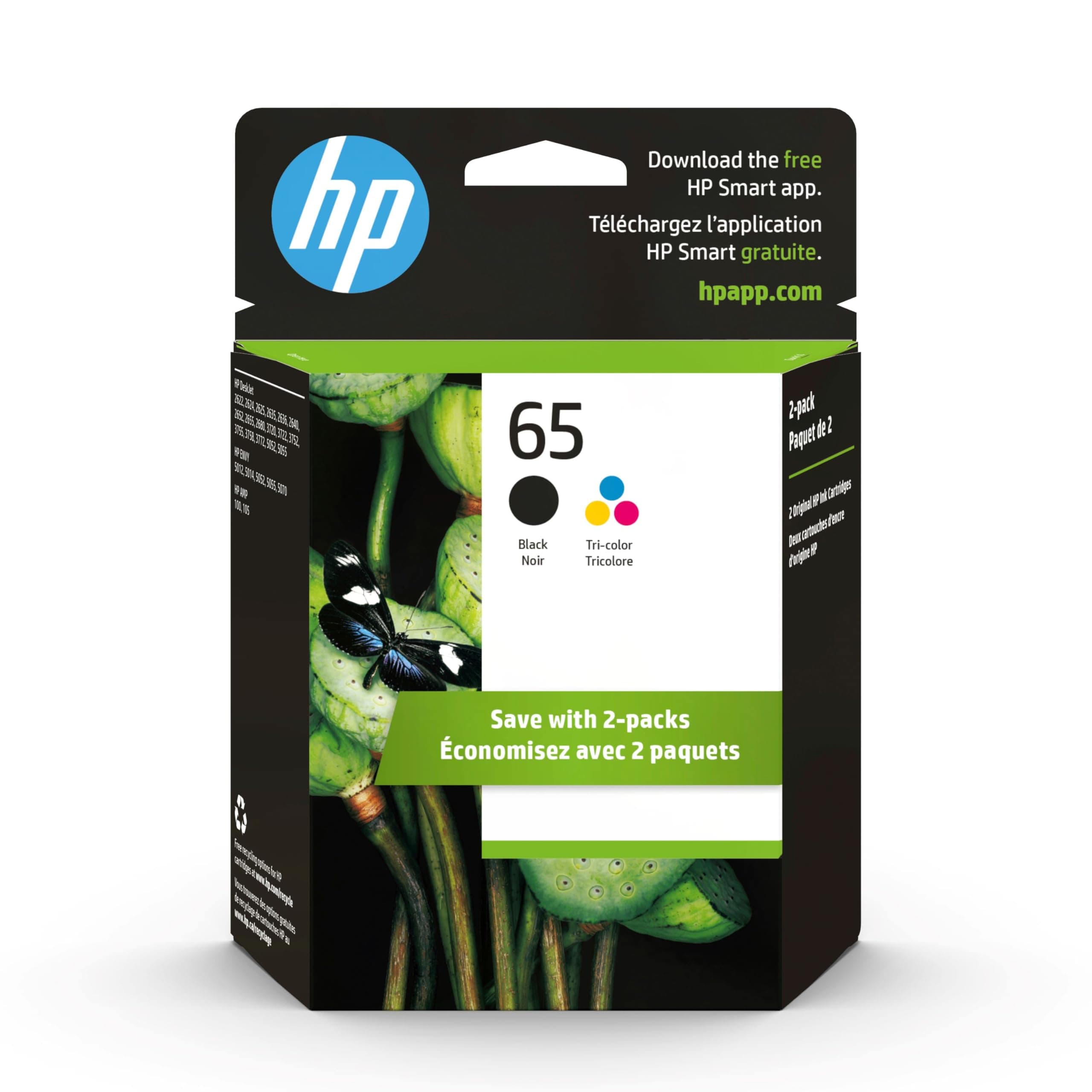 HP 65 Black/Tri-color Ink Cartridges for HP Printers (2-pack) | Works with Printer Series: AMP 100, DeskJet 2600, 3700, ENVY 5000 | Eligible for Instant Ink | T0A36AN