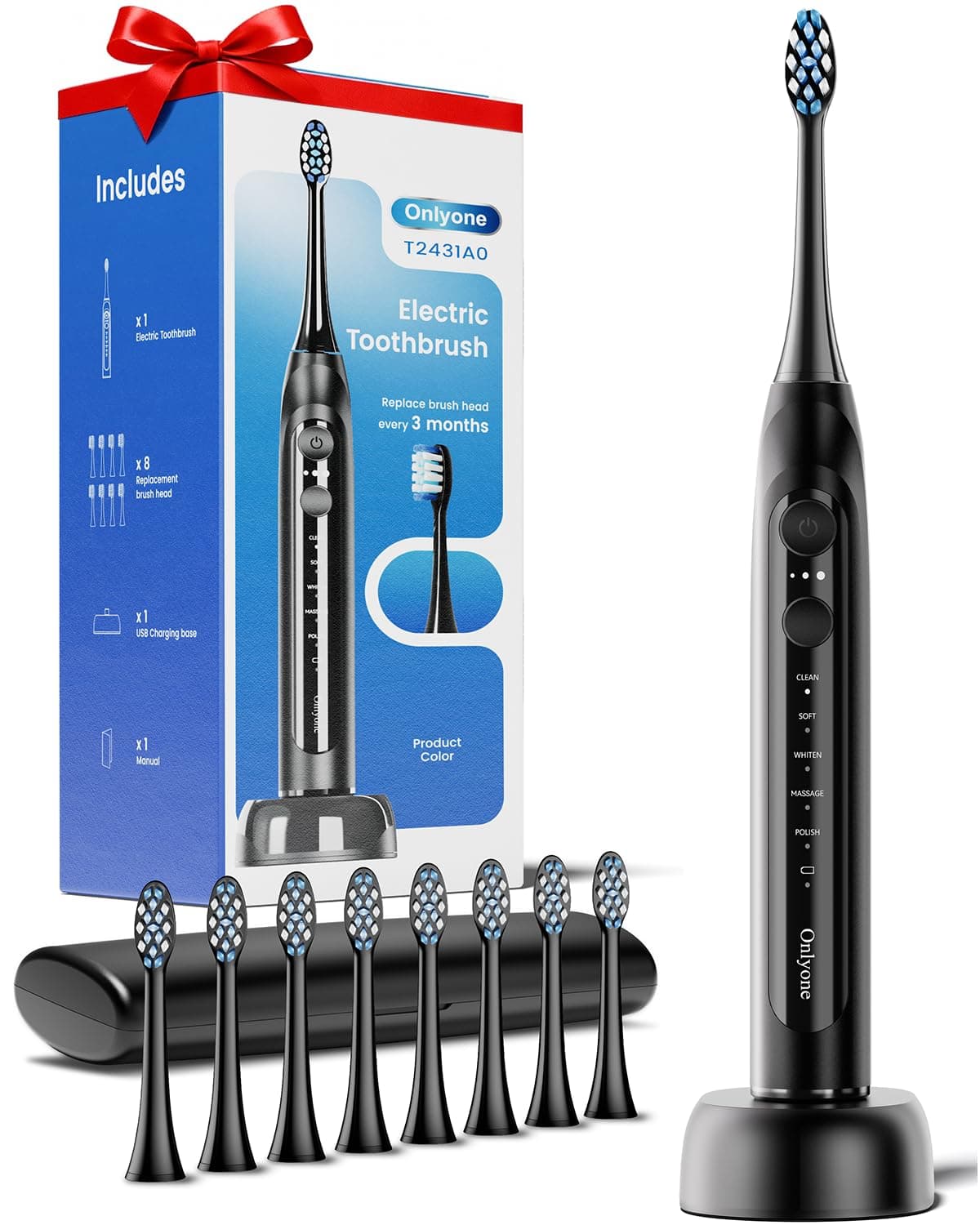 Onlyone Onlyone Sonic Electric Toothbrush for Adults, Rechargeable Ultrasonic Electric Toothbrush with 8 Brush Heads, Travel Case, Charging Base & Wireless Charging - 5 Modes with Smart Timer Black