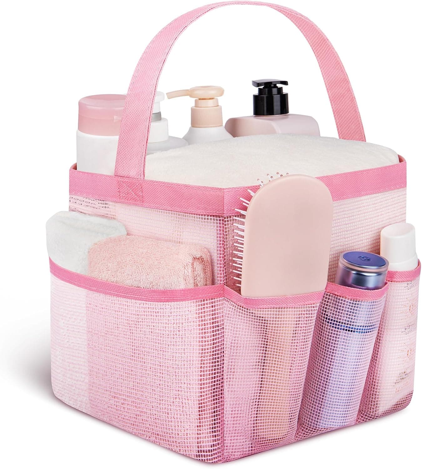 Attmu Mesh Shower Caddy Portable for College Dorm Room Essentials with 8 Pockets, Hanging Shower Caddy Dorm Basket, Quick Dry Bag for Bathroom Light Pnk