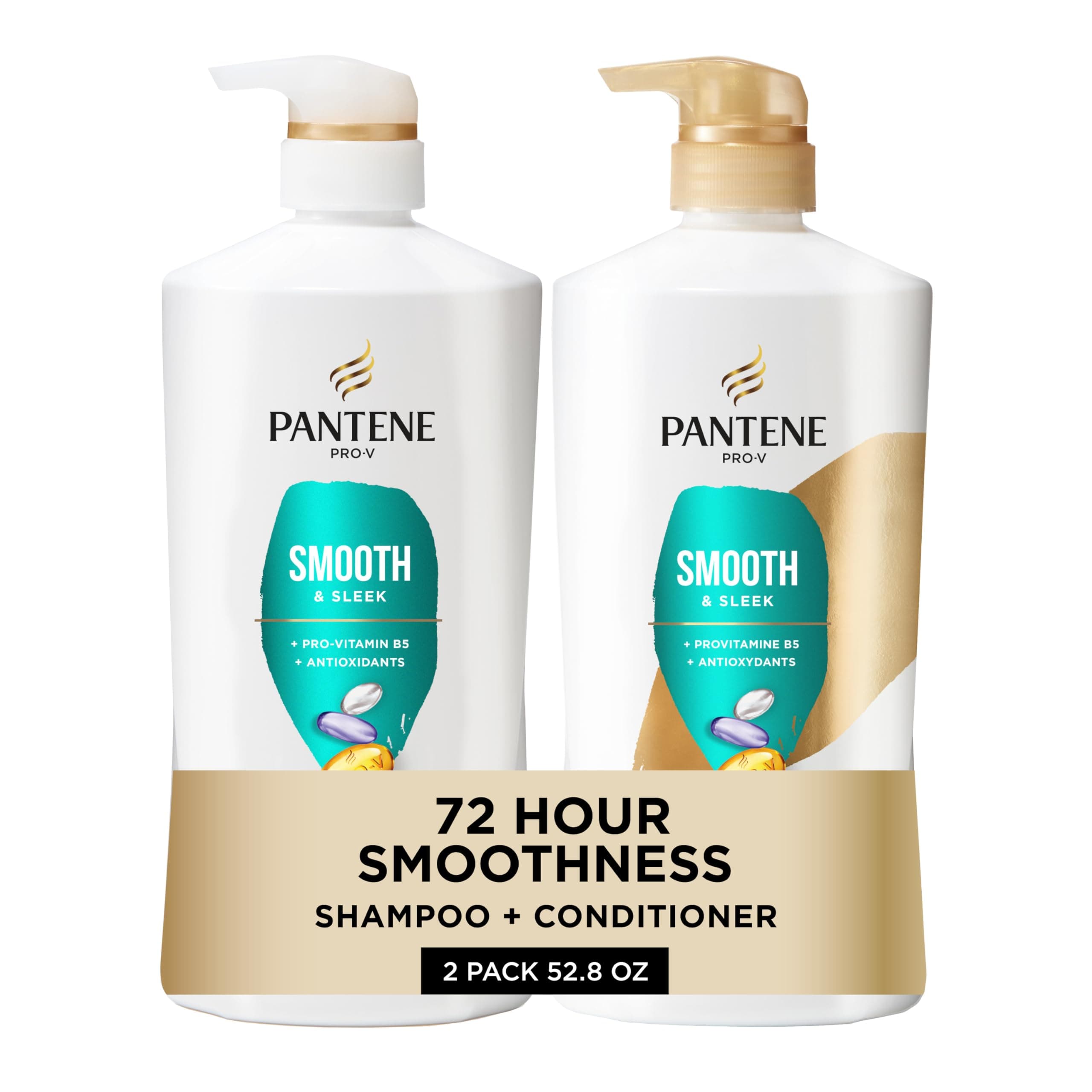 Pantene Shampoo & Conditioner Set, Smooth and Sleek - Frizz Control with Antioxidants, Nourishing for All Hair Types - Curly, Dry, Color-Treated, 52.8 Oz Total + Miracle Rescue Shot (0.5 Oz) Smooth & Sleek 52.8 Fl Oz (Pack of 1)