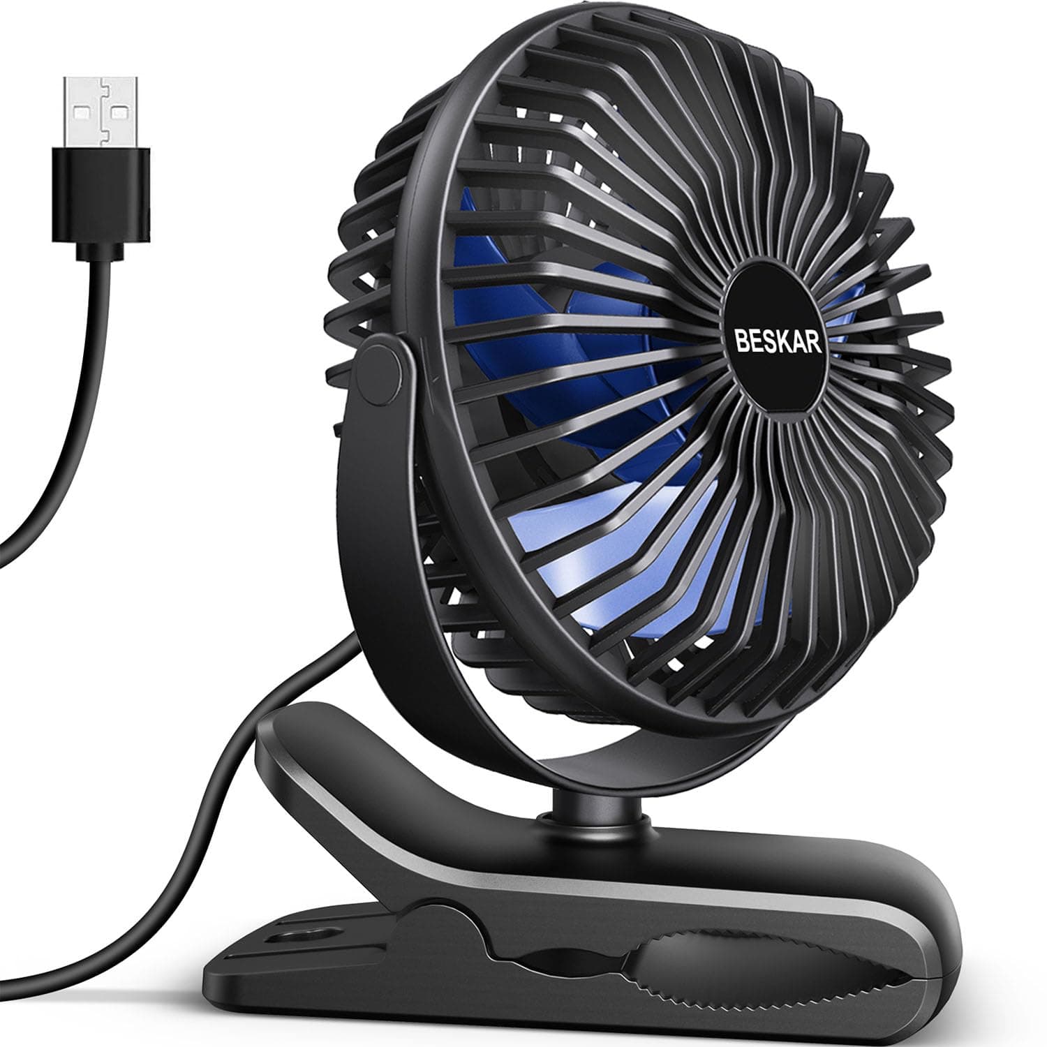 BESKAR USB Clip on Fan, Portable Small Fan with Cord Powered, 3 Speeds Strong Airflow, with Sturdy Clamp, Quiet Personal Desk Fan Black