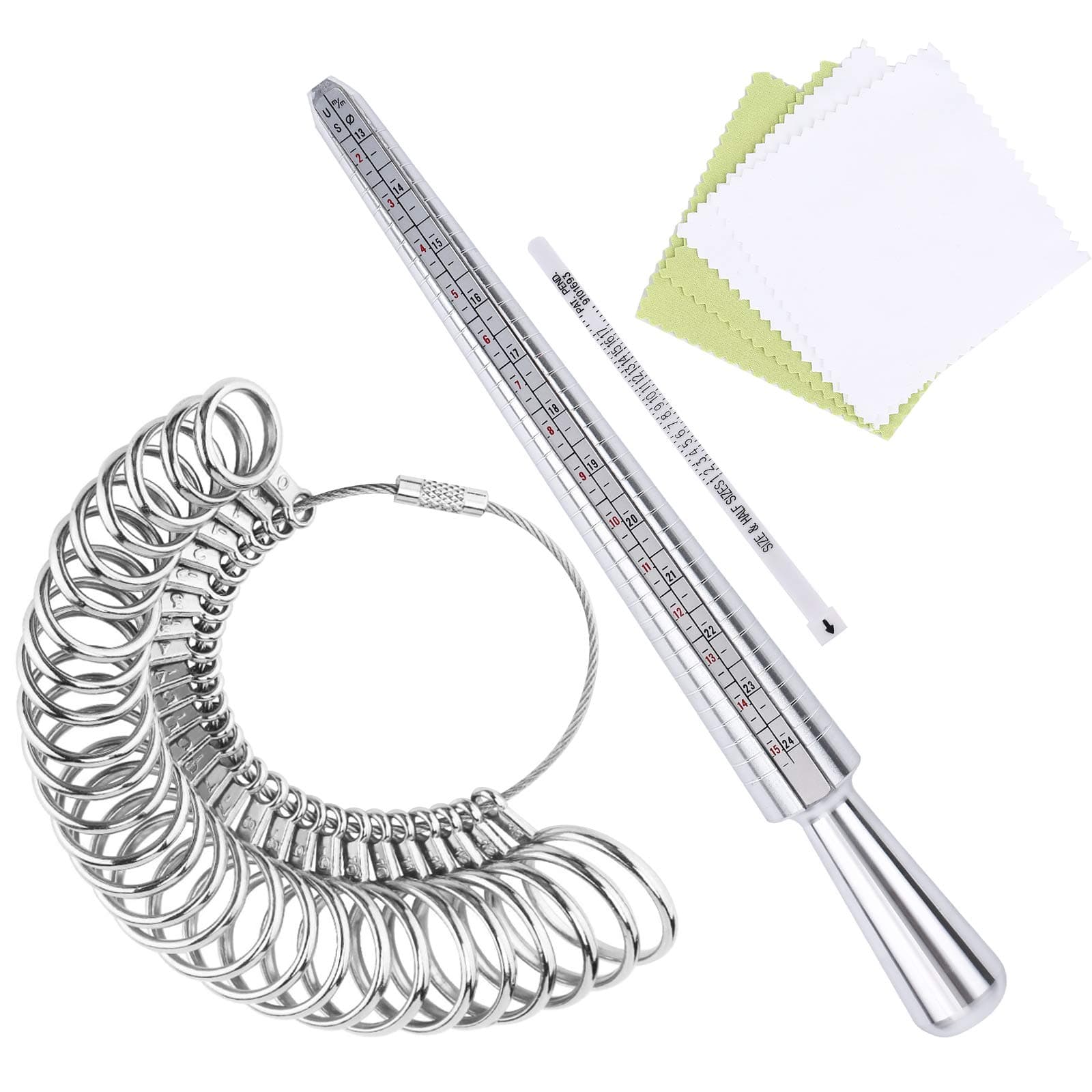 Ring Sizer Measuring Tool Set | 4-Size Aluminum Ring Mandrel, 27 PCS Metal Ring Measurement Tool, Gauge & Polishing Cloth, US Jewelry Sizing Kit for Women & Men