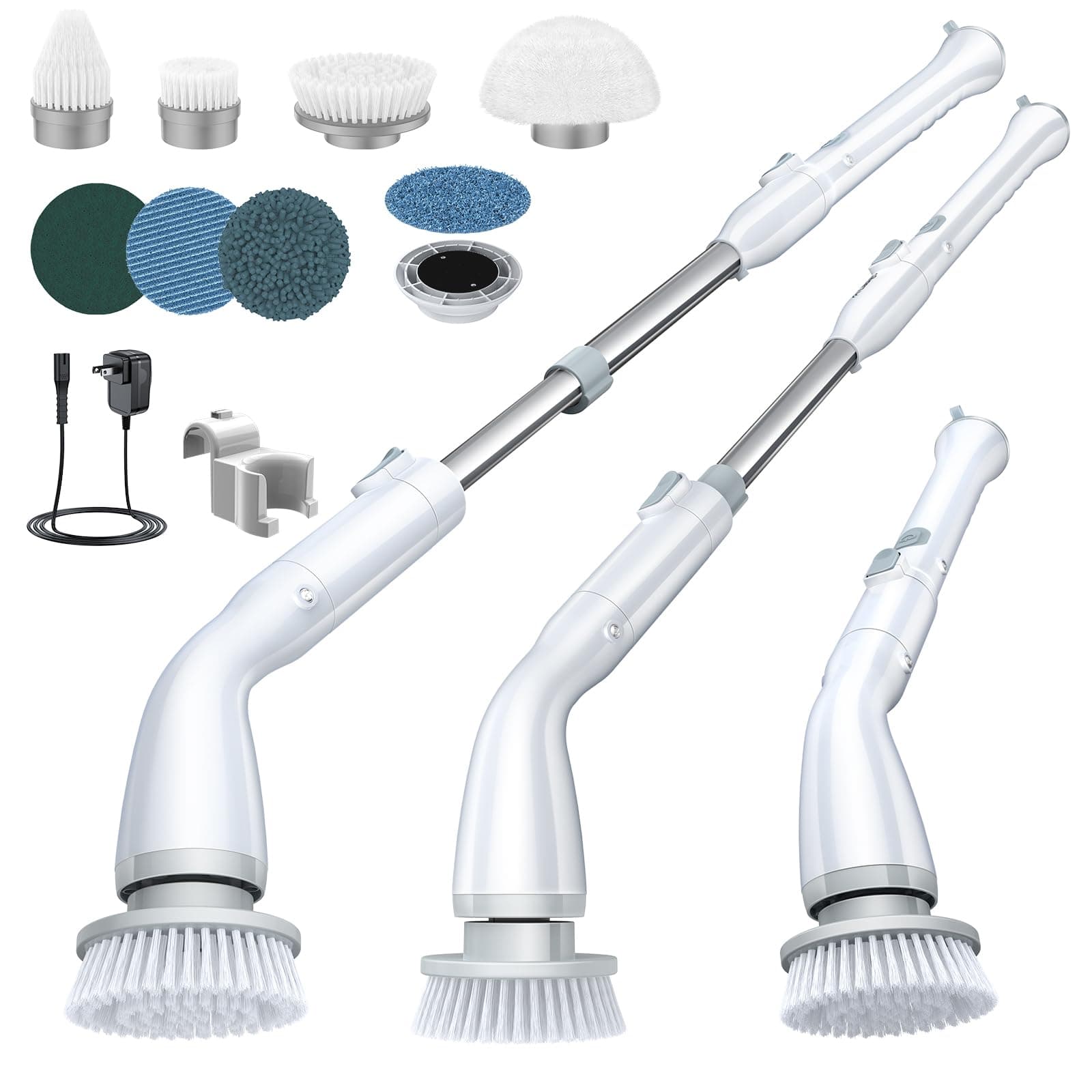 LABIGO Electric Spin Scrubber, Cordless Cleaning Brush Scrubber with 7 Replaceable Brush Heads and Adjustable Extension Handle, IPX7 Waterproof Power Cleaning Brush for Bathroom Tub Floor Tile Shower Crisp-white