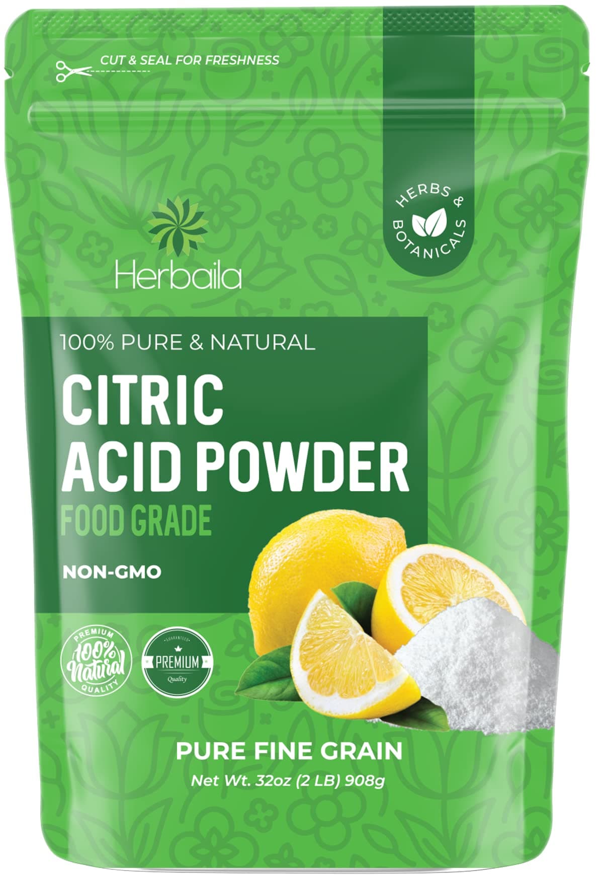 Herbaila Citric Acid Powder, 2 lb. Citric Acid for Bath Bombs, Citric Acid Food Grade, Non GMO Citric Acid Bulk, Food Grade Citric Acid Powder Cleaning, Citric Acid for Cheese Making and Canning.