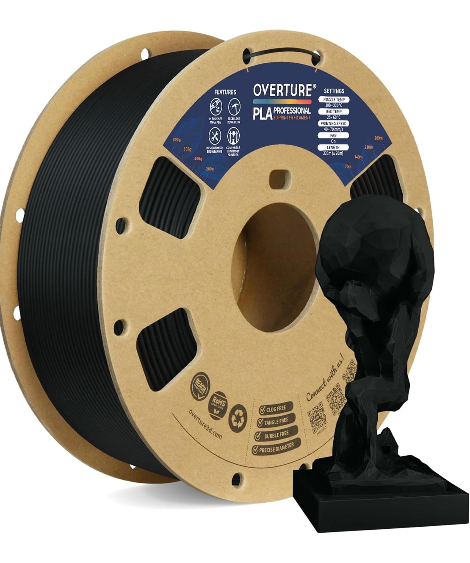 OVERTURE PLA Plus (PLA+) Filament 1.75mm, Stronger & More Durable, Professional Toughness 3D Printer Filament 1kg (2.2lbs), High Precision +/- 0.02mm, Tangle-Free (Black) 00-1kg Black