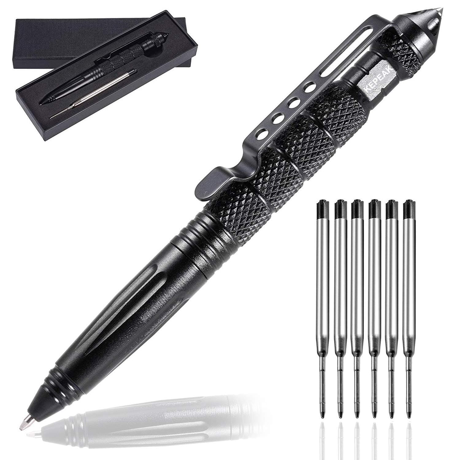 KEPEAK Military Tactical Pen, Professional Self Defense Pen, Emergency Glass Breaker Pen - Tungsten Steel, Writing EDC Survival Tool with 6 Refill Black