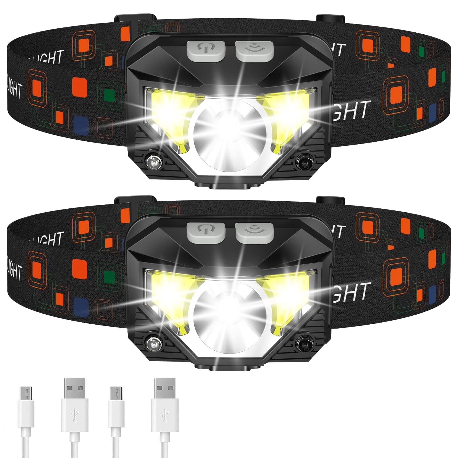 LHKNL Headlamp Flashlight, Lumen Ultra-Light Bright LED Rechargeable Headlight with White Red Light, 2-Pack Waterproof Motion Sensor Head Lamp,8 Modes for Outdoor Camping Running Hiking Fishing Black 2 Packs