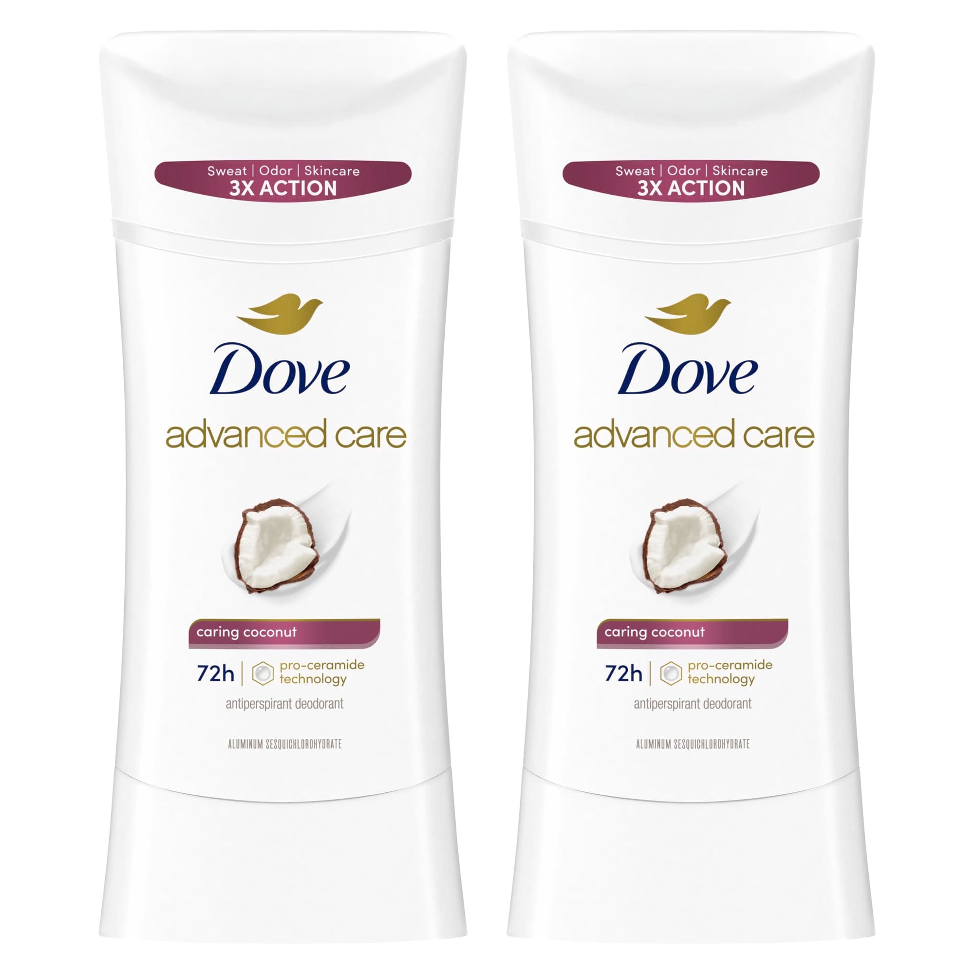 Dove Advanced Care Antiperspirant Caring Coconut, 2 Count Deodorant Stick for Women, for 48 Hour Protection And Soft And Comfortable Underarms, 2.6 oz 2.6 Ounce (Pack of 2) Caring Coconut