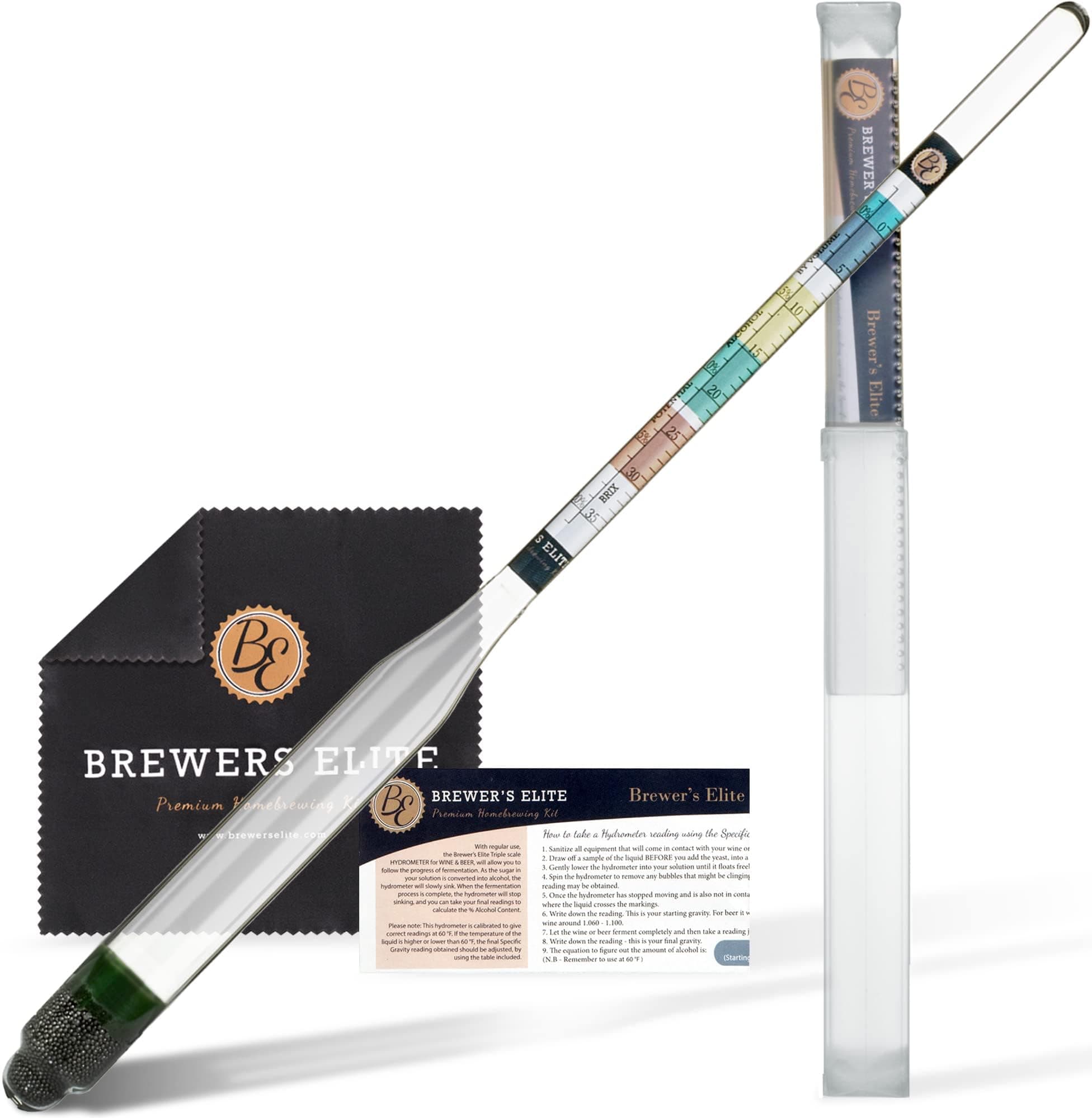 Brewer's Elite Hydrometer - for Home Brew Beer, Wine, Mead and Kombucha - Deluxe Triple Scale Set, Hardcase and Cloth - Specific Gravity ABV Tester Hydrometer Set