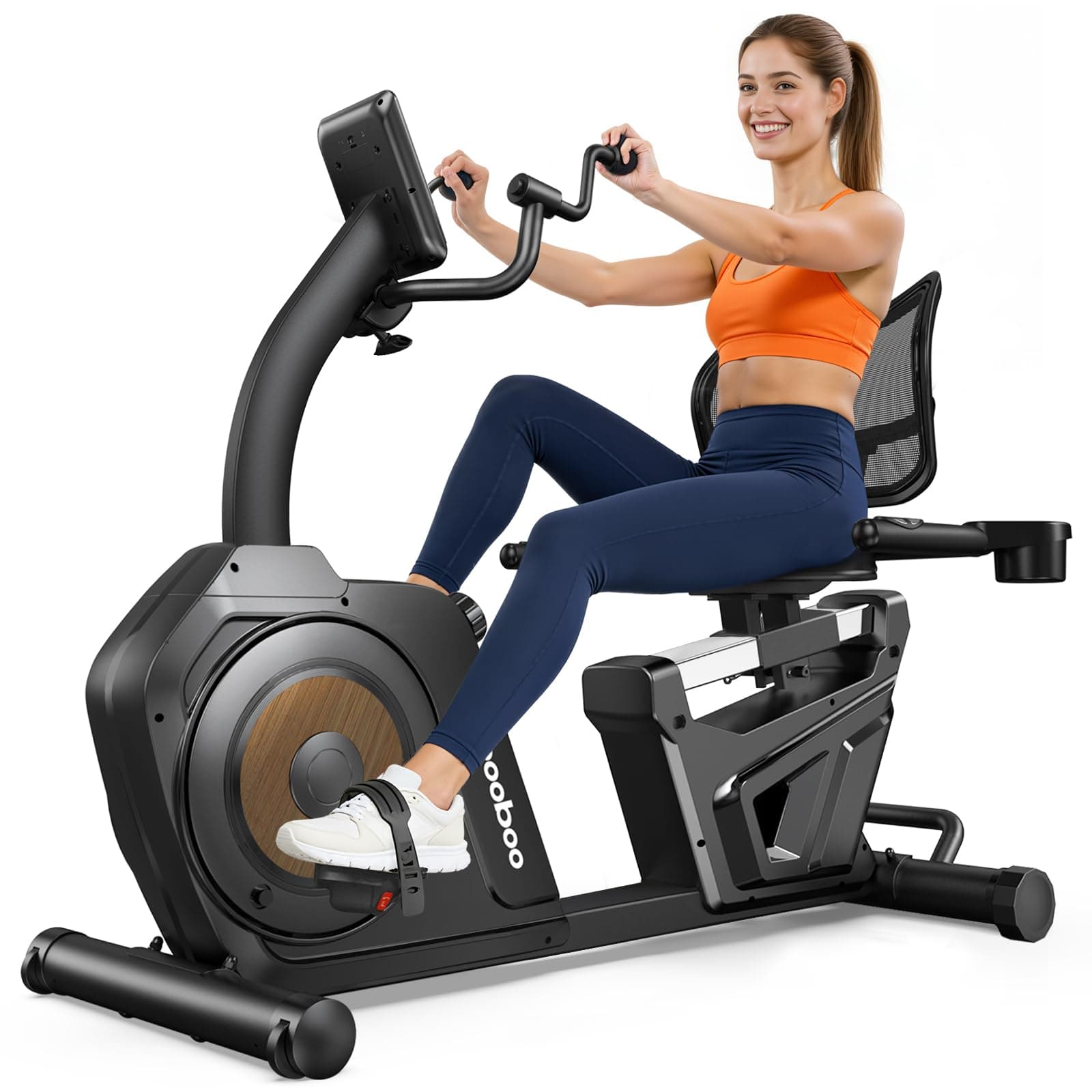 pooboo pooboo Recumbent Exercise Bike, Stationary Bikes for Home with Arm Exerciser, Magnetic Recumbent Bike with Ergonomic Backrest & Comfortable Seat, Smart APP, Pulse Sensor, 400LBS Weight Capacity Bronze Black Wood Grain