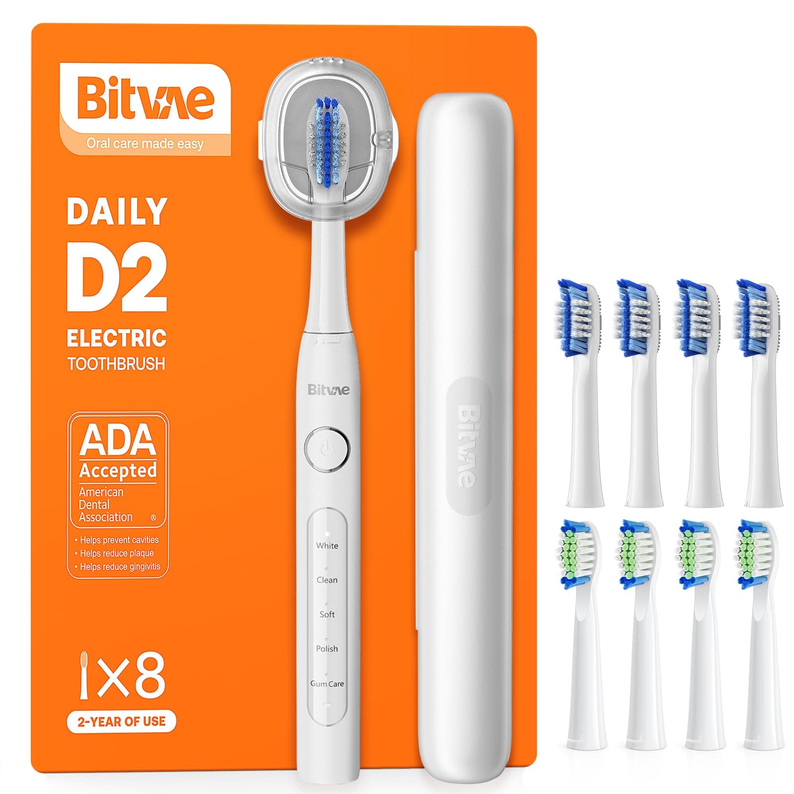 Bitvae Ultrasonic Electric Toothbrush for Adults and Kids, ADA Accepted Travel Toothbrush with Rechargeable 60-Day Battery Life, 5 Modes, 8 Heads, Case, Holder, Frost White