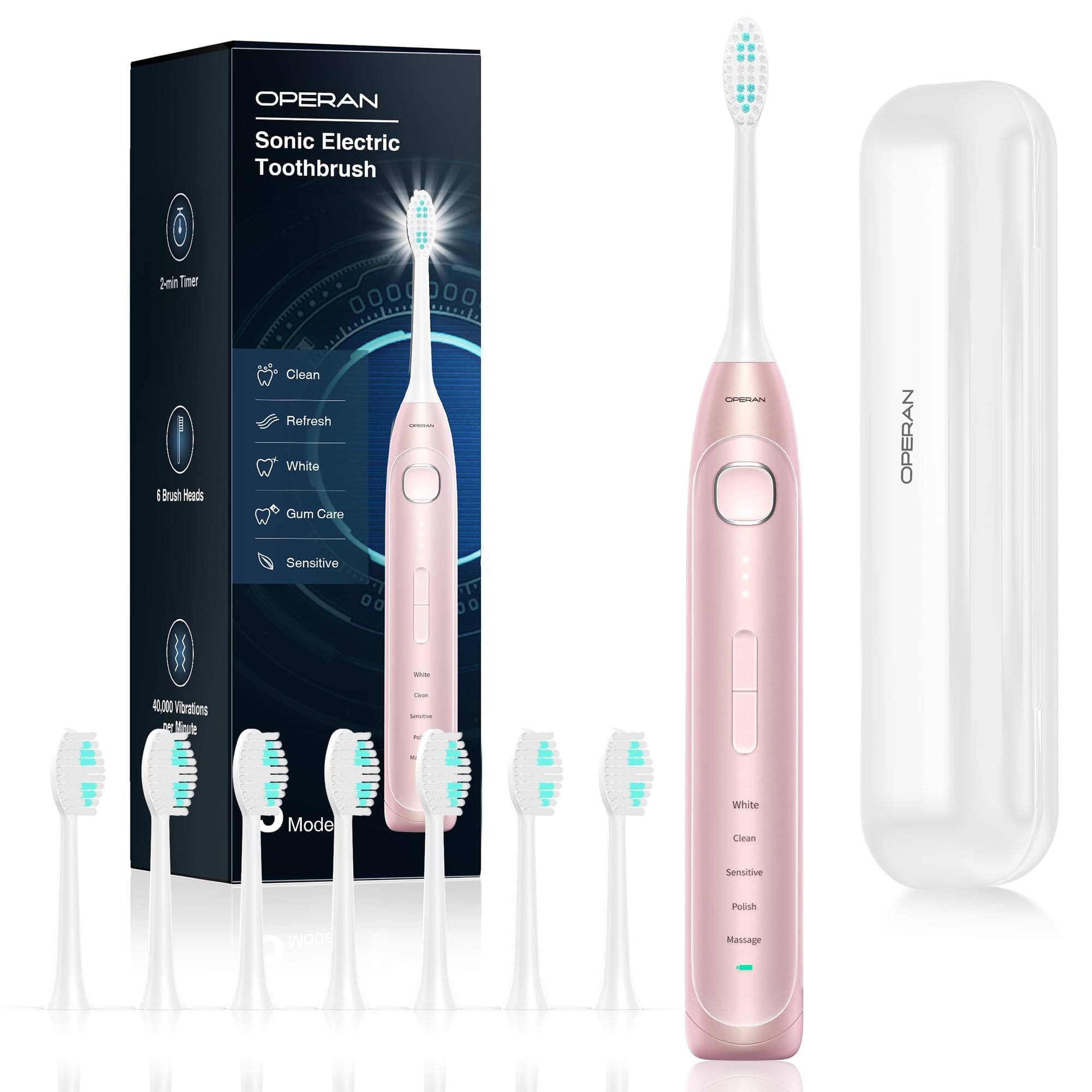 Operan Operan Electric Toothbrush for Adults and Kids Rechargeable Sonic Toothbrush with 5 Modes 2-Min Smart Timer IPX7 Waterproof 40,000 VPM Motor with 8 Brush Heads & Travel Case (Pink, 1Pack) Pink 8 Brush Heads