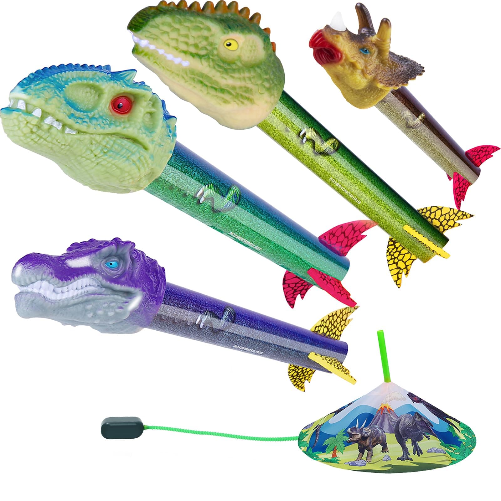 Dinosaur Toy Rocket Launcher for Kids - Launch Up to 100 Ft, 4 Rockets, Outdoor Outside Toys for Kids, Dinosaur Toys, Birthday Gifts for 3 4 5 6 7 8-12 Year Old Boys Girls Dinosaur Rocket Launcher