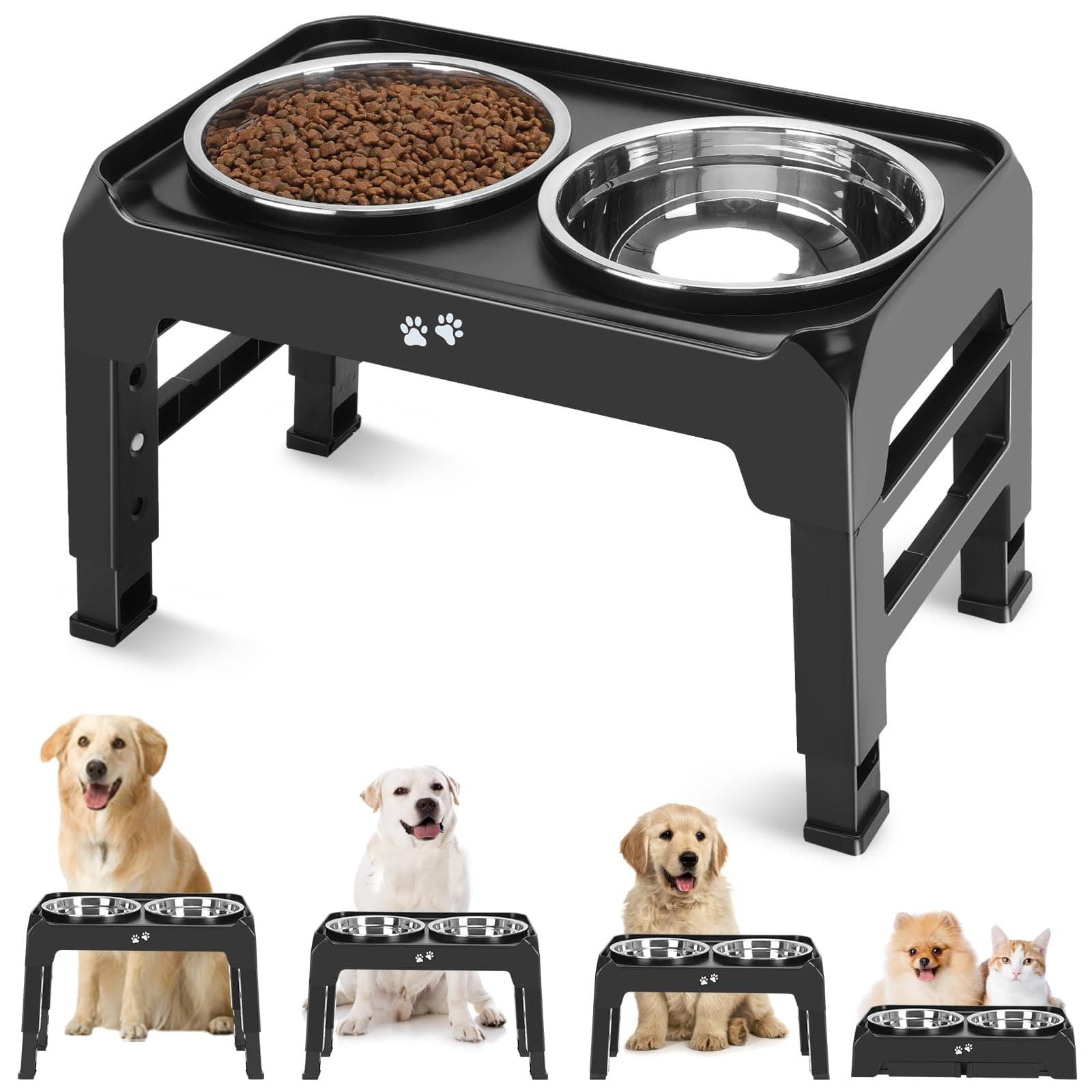 COMESOON Elevated Dog Bowls, 4 Height Adjustable Raised Bowl Stand with 2 Thick 50oz Stainless Steel Food Bowls Non-Slip Feeder Adjusts to 3.7'', 9.2'', 10.75'', 12.36'' Black, (DB-W01) Black 8" for Medium Dogs