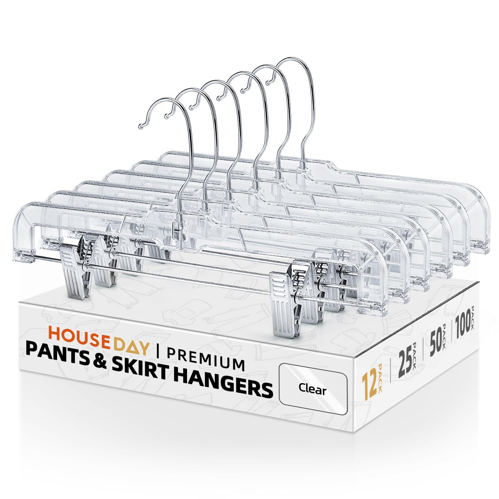 HOUSE DAY 12 Pack 14 inch Clear Plastic Skirt Hangers with Adjustable Clips, Pants Hangers 360-Rotating Swivel Hook, Clip Hangers for Pants, Trousers, Skirts, Jeans, Bulk Plastic Hangers 12PC