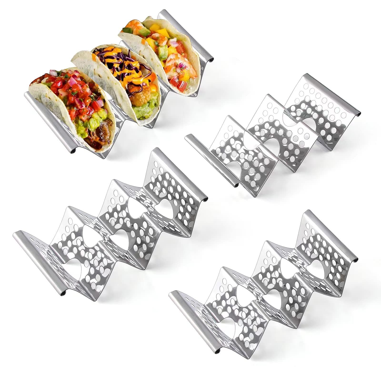 Taco Holders Set of 4, Taco Stand, Stainless Steel Taco Holder, Each Can Hold 3 Tortillas, with Easy-Access Handle, Fits Microwave, Air Fryer and Oven