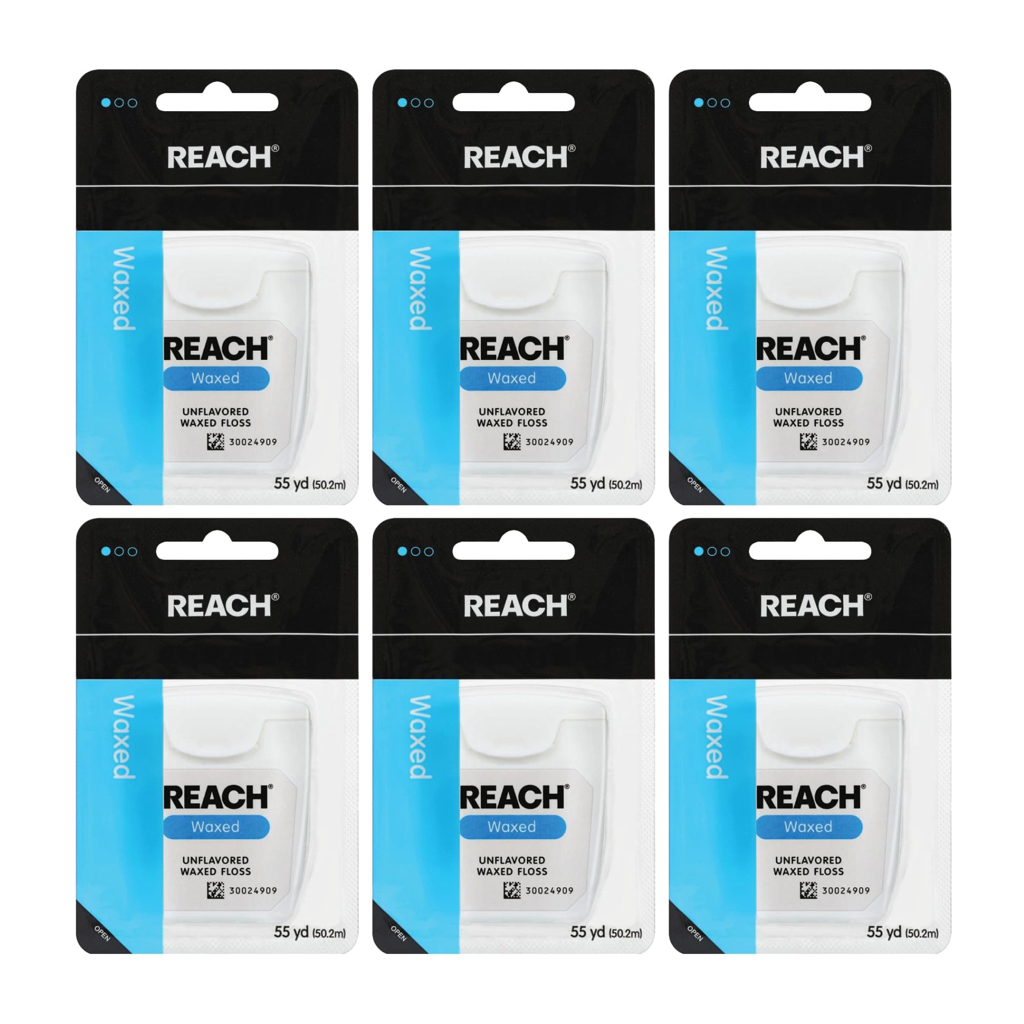 REACH Waxed Dental Floss, Unflavored, Plaque Remover for Teeth, Shred Resistant, Floss Slides Smoothly, Easy to Use, Waxed, Deep Cleaning Teeth, Oral Care, PFAS Free, for Adults & Kids, 6 Pack, 55 yd 165 Foot (Pack of 6)