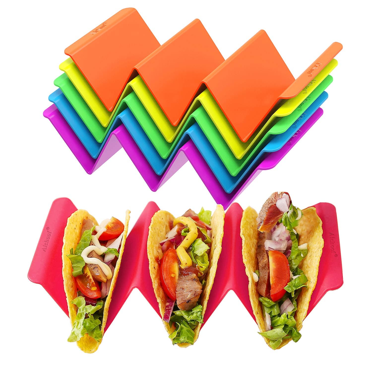 Aichoof Colorful Taco Holder Stands Set of 6 - Premium Large Tray Plates Holds Up to 3 or 2 Tacos Each, PP Health Material Very Hard and Sturdy, Dishwasher & Microwave Safe 6-PCS