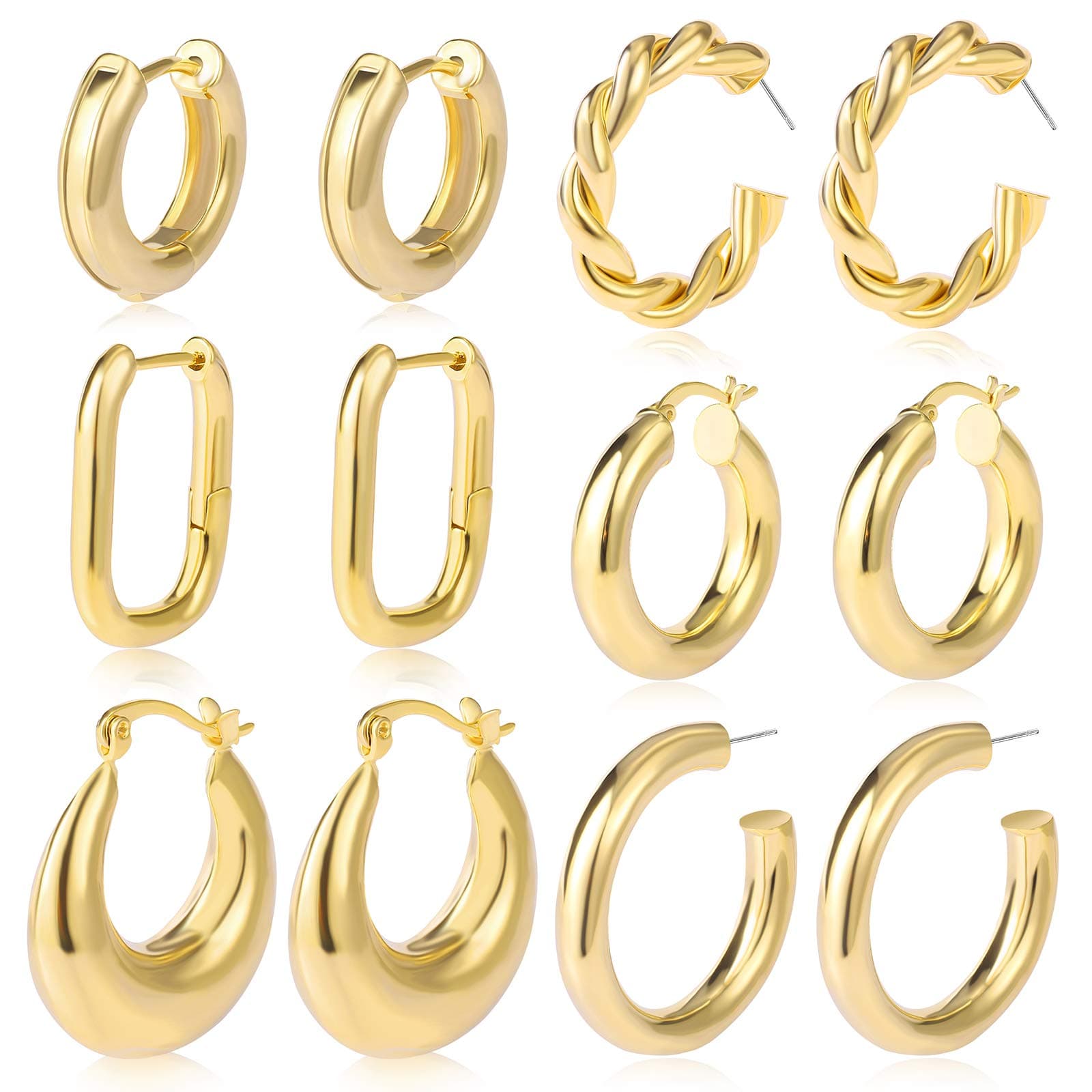 6 Pairs Chunky Gold Hoop Earrings Set for Women 14K Gold Plated Hypoallergenic Thick Open Huggie Hoop Set Jewelry for Christmas Gifts 01Gold