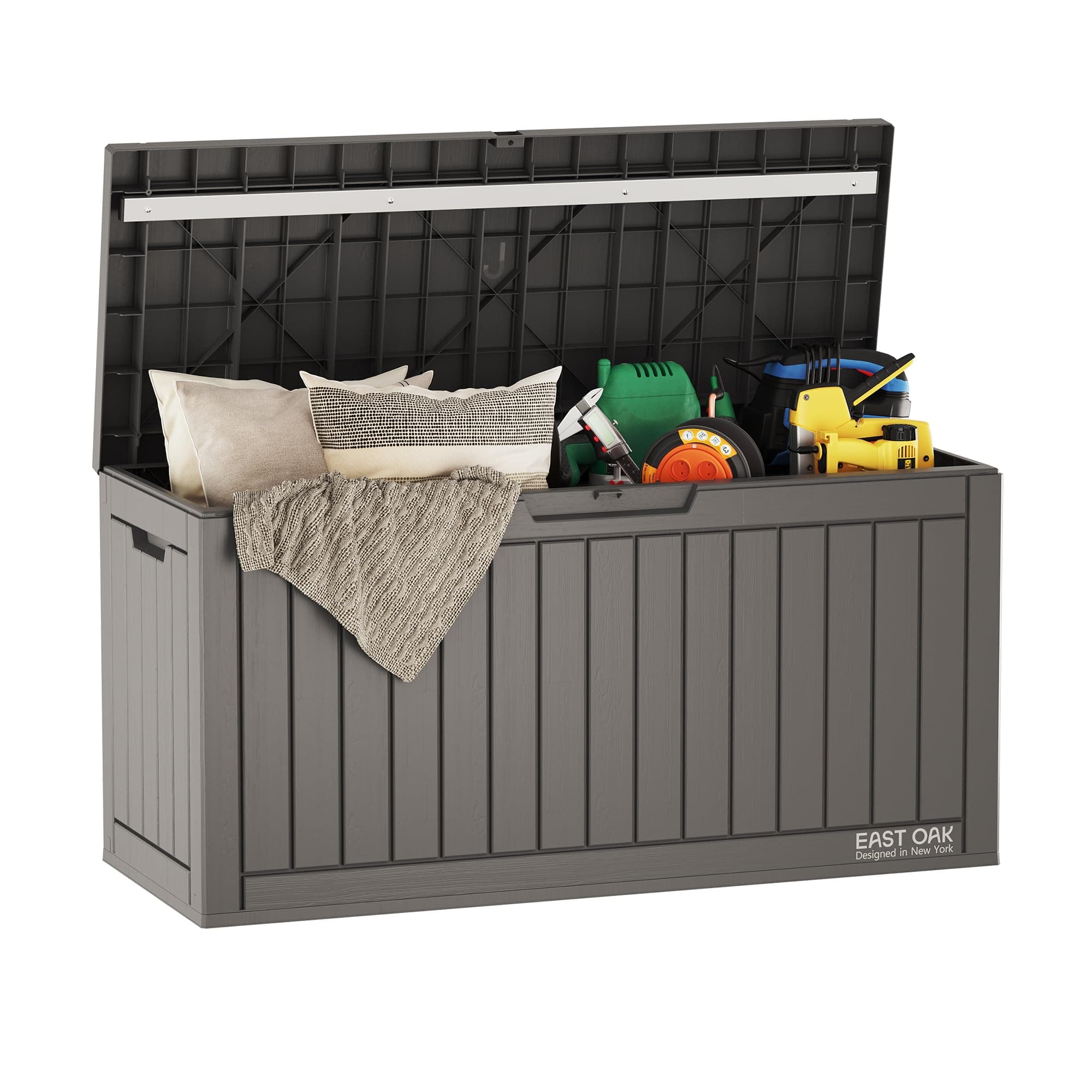 EAST OAK Outdoor Storage Box, 60 Gallon Deck Box Indoor and Outdoor Use, Waterproof Resin Storage Bin for Patio Cushions, Gardening Tools, Lockable, UV Resistant, Grey Grey 60 Gallon