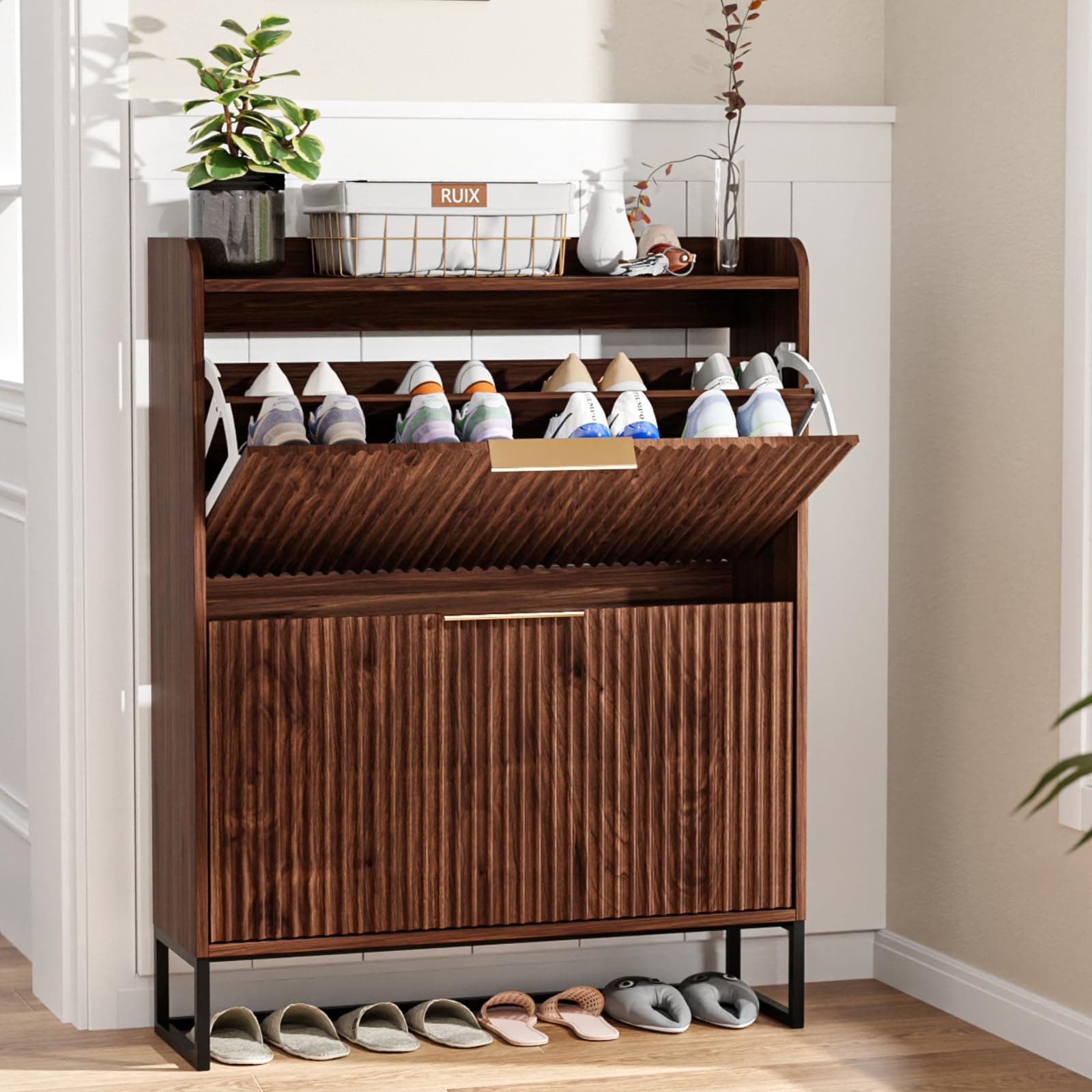 VINGLI Fluted Shoe Cabinet Storage for Entryway,Hidden Shoes Storage Cabinet with 2 Flip Drawers, Mid Century Modern Shoe Rack Organizer,Free Standing Shoes Organizer for Hallway(Dark Walnut) Dark Walnut 2 Flip Drawers