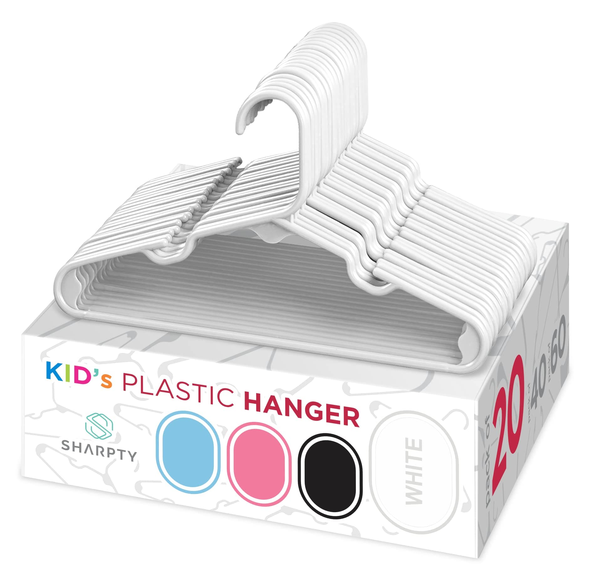 Sharpty Kids Plastic Hangers, Children's Hangers for Baby, Toddler, and Child Clothes - Everyday Standard Use - Ideal for Boys and Girls Closet, Clothing, Pants, Coats, and More - White, 20 Pack White 20 Pack