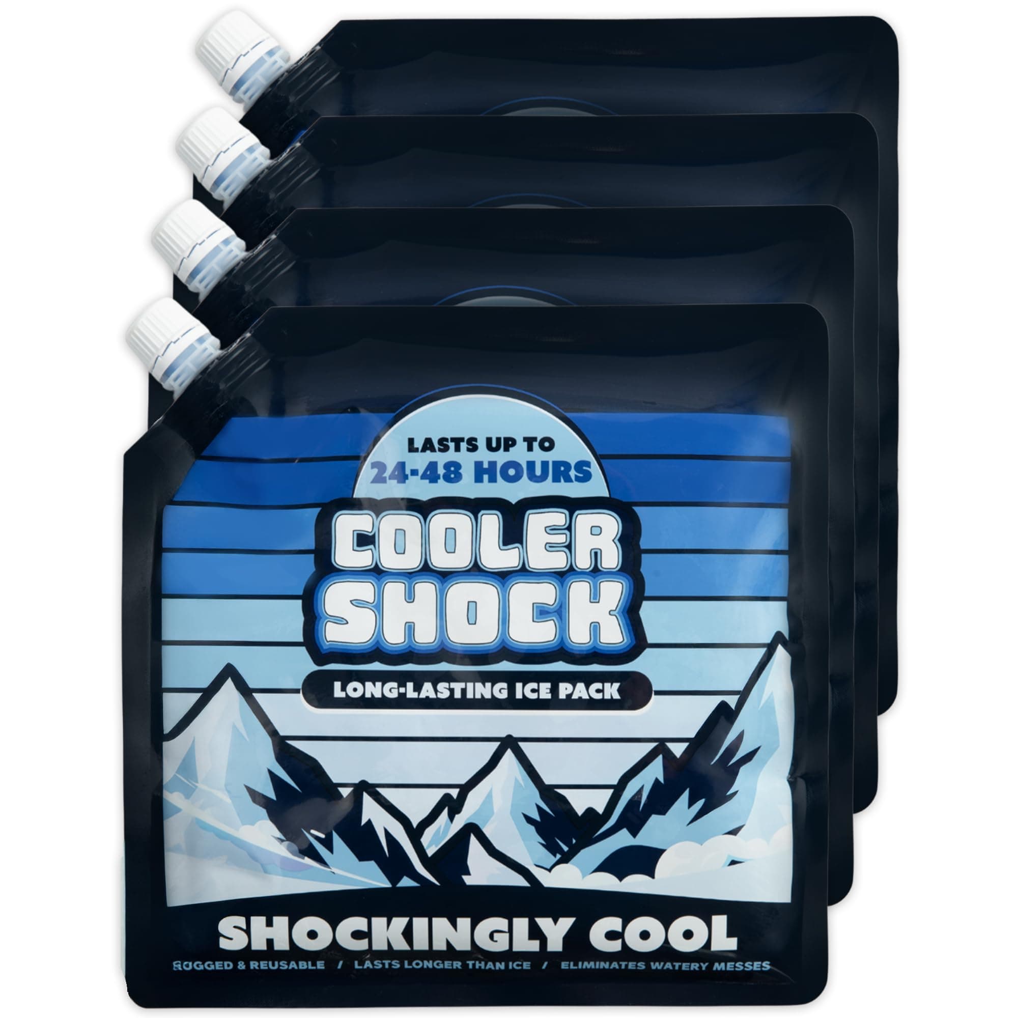 Cooler Shock Reusable Ice Packs for Cooler - Long Lasting Cold Freezer Packs for Coolers and Lunch Boxes - Cooler Ice Packs for Camping Gear, Fishing, Road Trips, Beach Must Haves Just Add Water Ice Packs All Purpose Size 4-pack