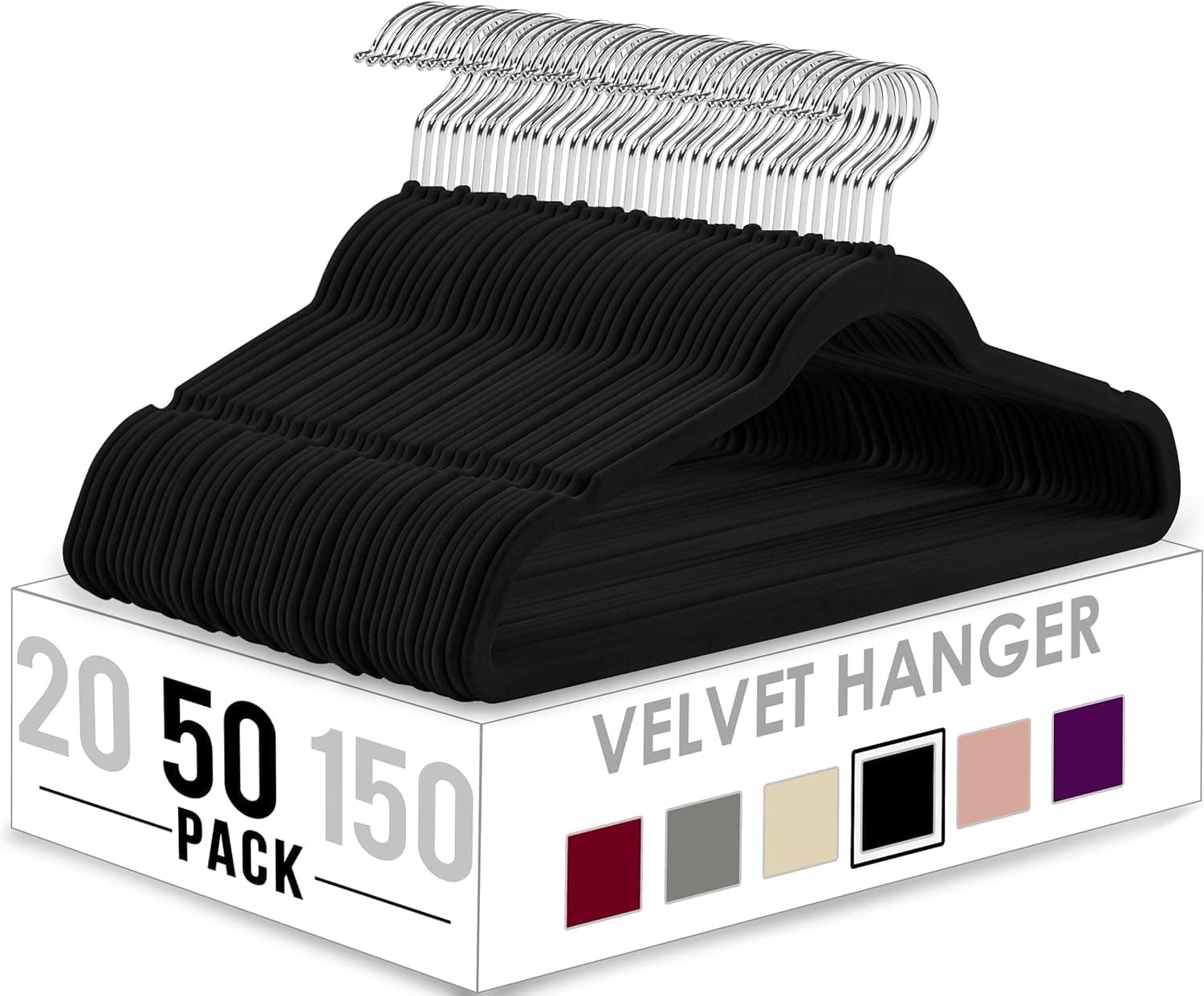 Utopia Home Velvet Hangers 50 Pack – Luxury Non-Slip Slim Suit & Coat Hangers, Strong Space-Saving Clothes Hangers with Pants Bar and 360° Swivel Hook – Black 50 Black