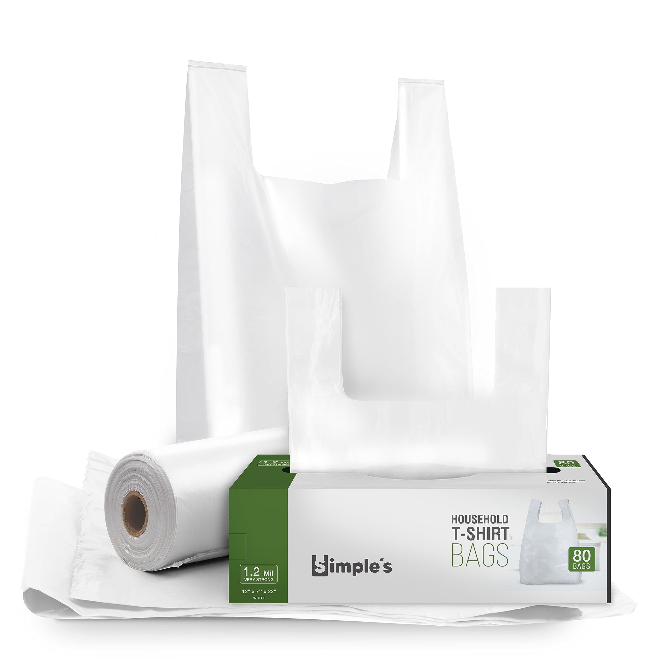 Simple's Plastic Bags with Handles For Small Business,(80 Count) Very Strong Shopping Grocery bags, plastic t-shirts bag, to go bags, Bag Dispenser Roll - Measures 12"x7"x22", 1.2 Mil Thickness 1 Pack = 80 Bags