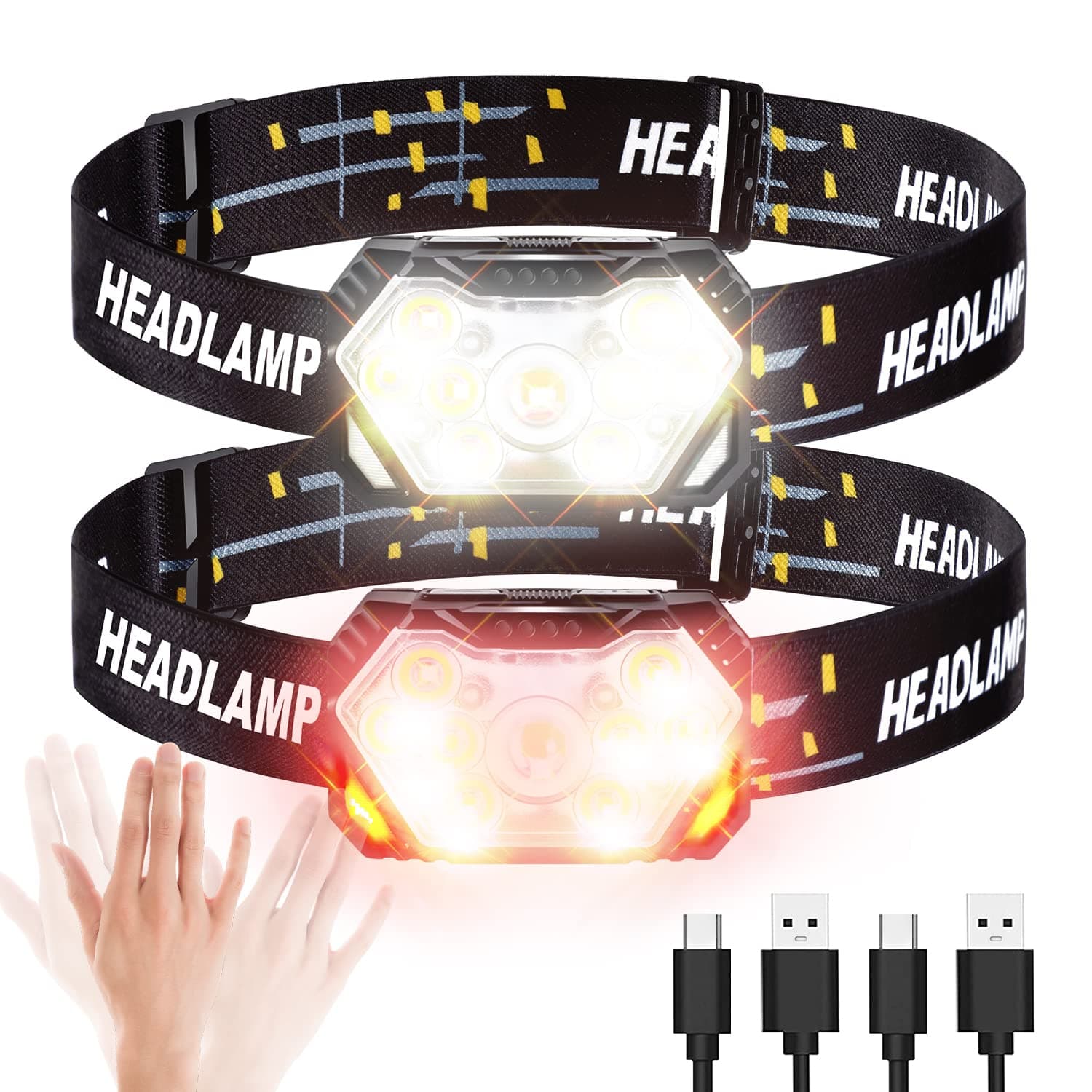 2500 Lumen LED Headlamp - Rechargeable Head Light with Red Light Sensor for Running, Cycling, Camping - Waterproof, 2 Pack