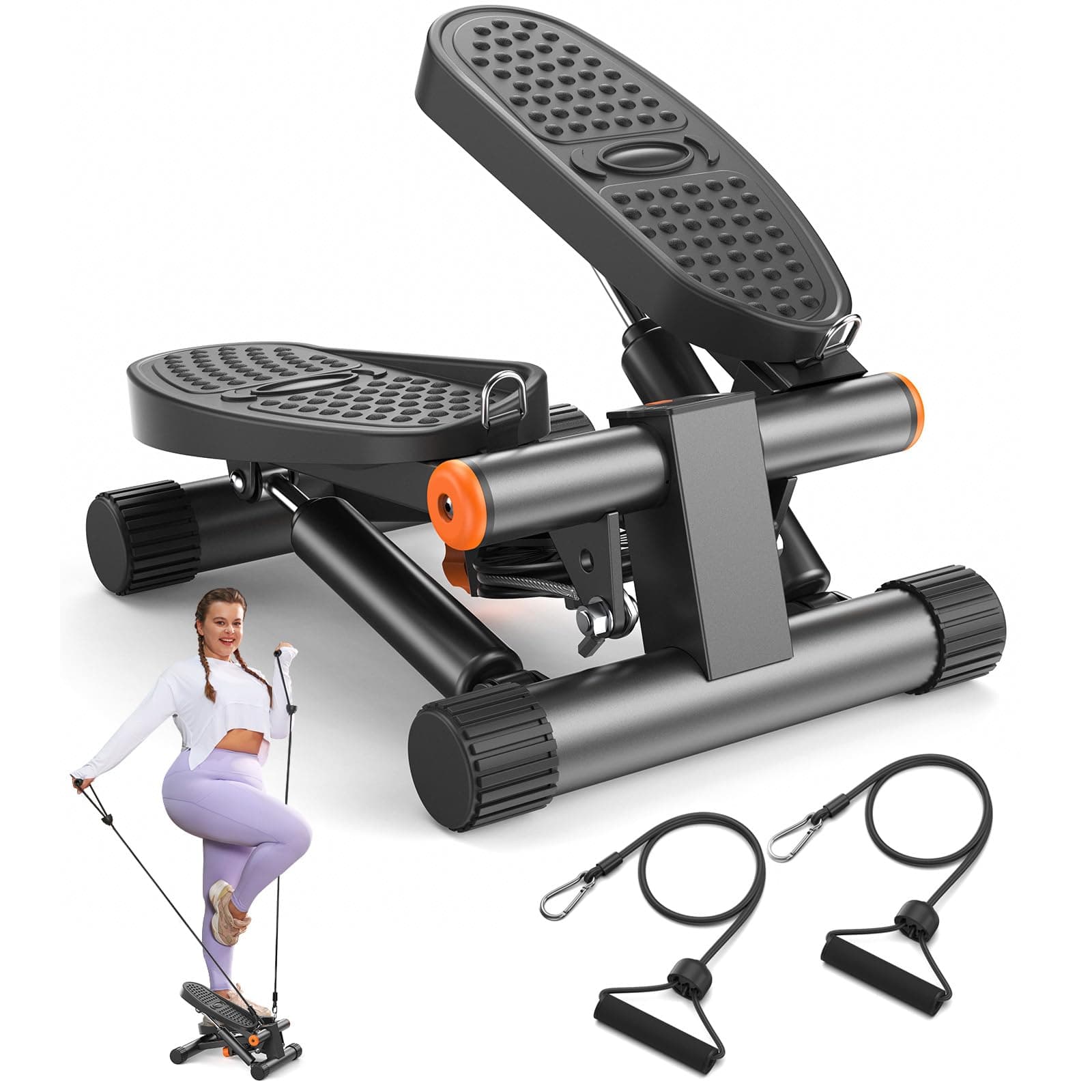 Niceday Steppers for Exercise, Stair Stepper with Resistance Bands, Mini Stepper with 300LBS Loading Capacity, Hydraulic Fitness Stepper with LCD Monitor Gray
