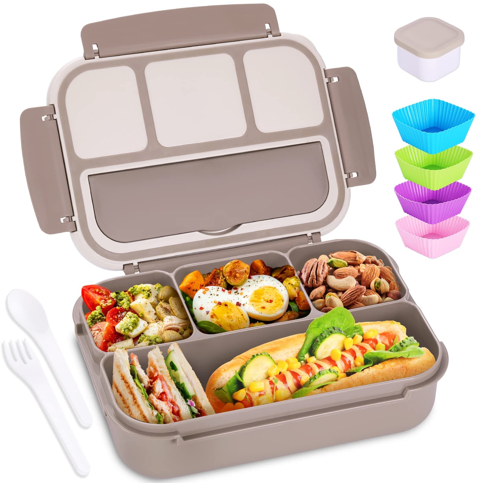 Bento Box Adult Lunch Box, Containers for Adults Men Women with 4 Compartments, Lunchable Food Container with Utensils, Sauce Jar, Muffin Liners, 40 Oz/5 Cup, Microwave & Dishwasher Safe, Brown Brown 1200ML