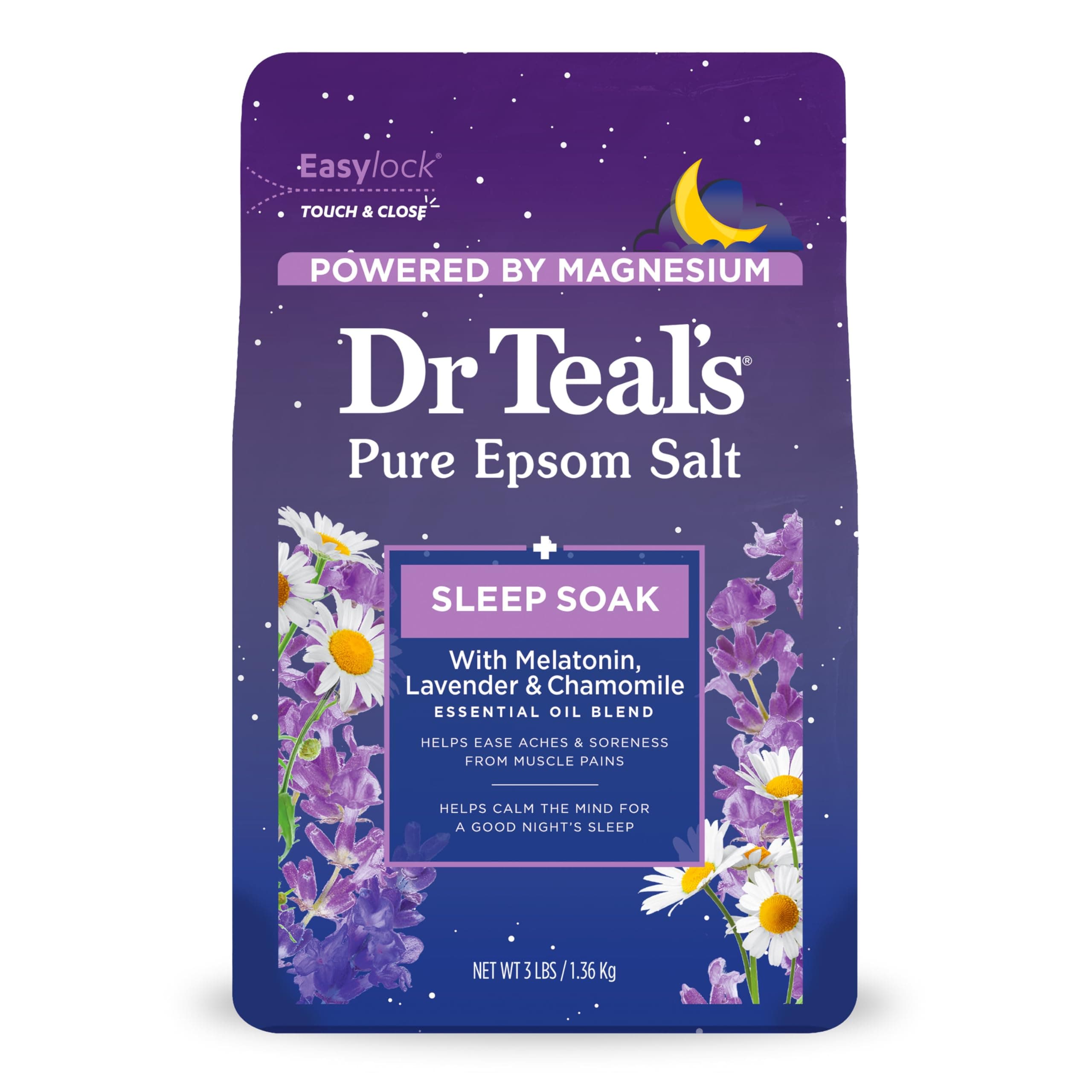 Dr Teal's Pure Epsom Salt Soak, Sleep Blend with Melatonin, Lavender & Chamomile Essential Oils, 3 lbs Sleep Soak 3 Pound (Pack of 1)