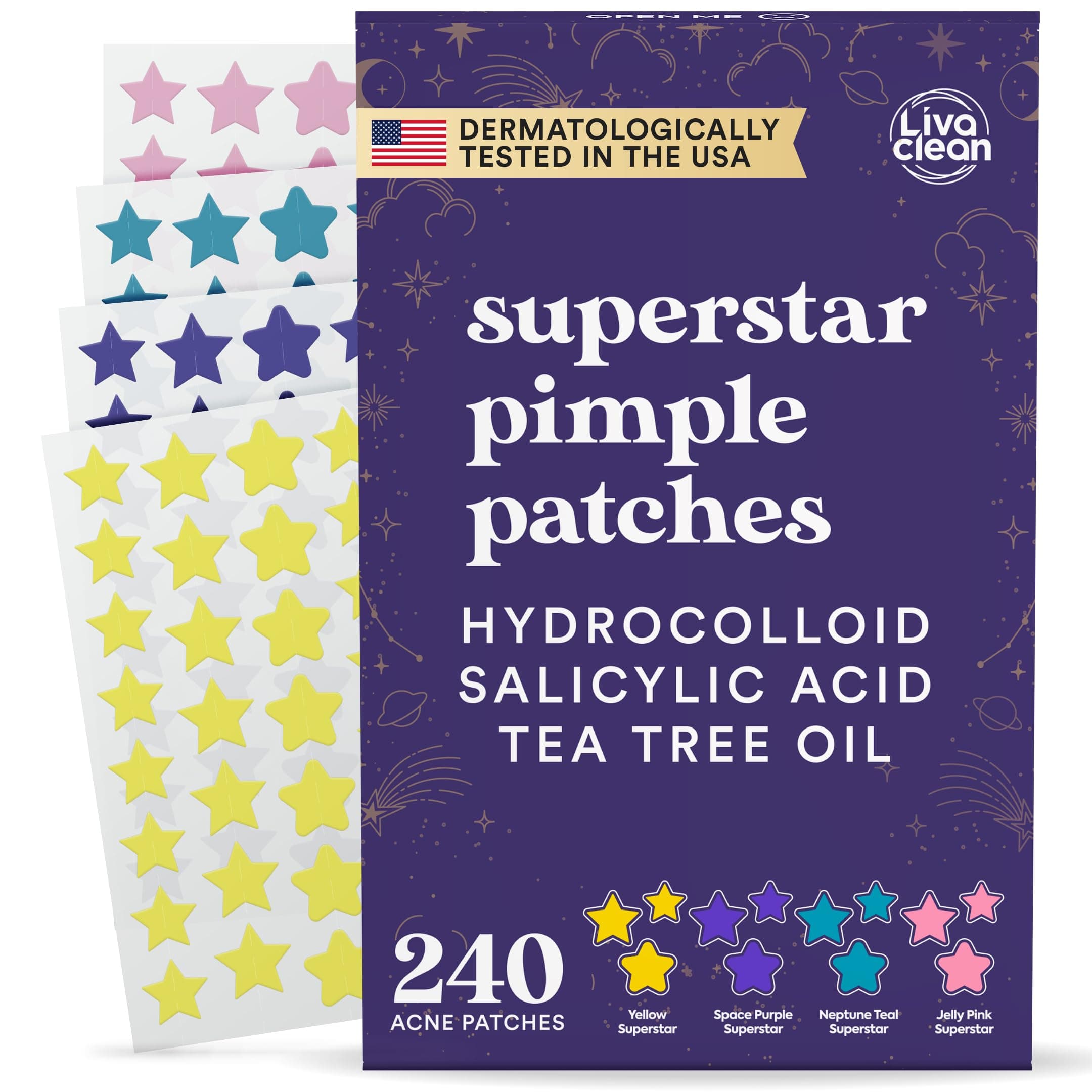 Livaclean Star Pimple Patches for Face w/ Hydrocolloid, Tea Tree oil & Salicylic Acid - Zit Stickers, Hydrocolloid Acne Patches for Face - Cute Pimple Patch, Acne Stickers 1 Pack Mixed Superstar Patches