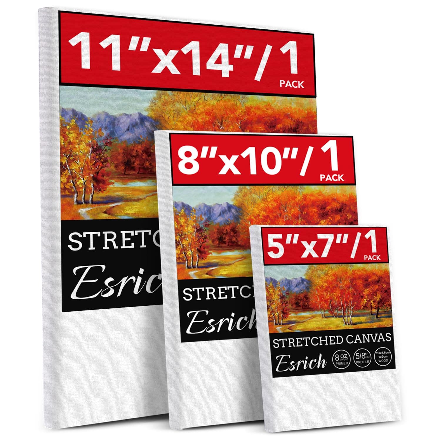3 Pack Canvases for Painting with Multi Pack 11x14, 5x7, 8x10, Painting Canvas for Oil & Acrylic Paint 3 Packs - 3Sizes(1 of Each)
