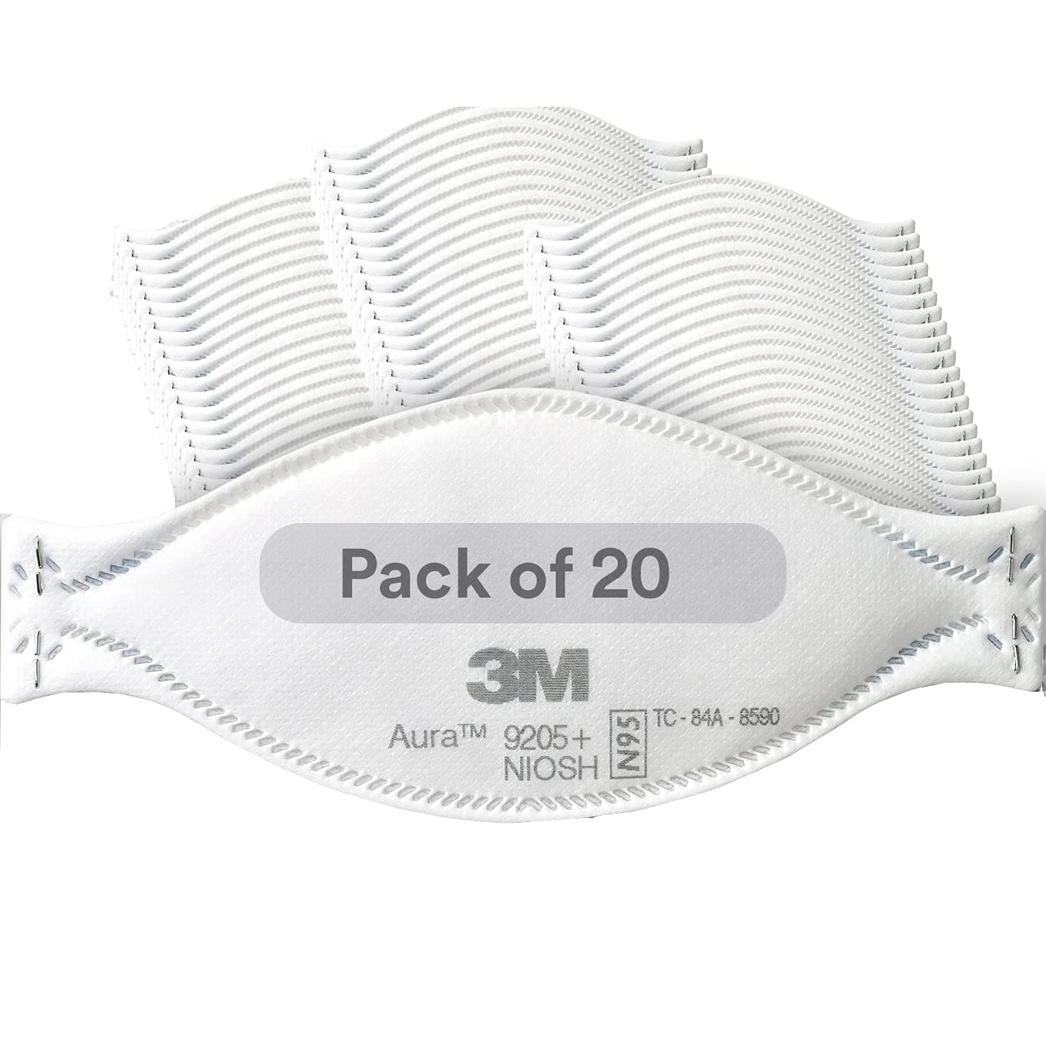 3M Aura Particulate Respirator 9205+, N95, Pack of 20 Disposable Respirators, Individually Wrapped, 3 Panel Flat Fold Design Allows for Facial Movements, Comfortable, NIOSH Approved, Smoke 1 Count (Pack of 20) Pack of 20 Respirator