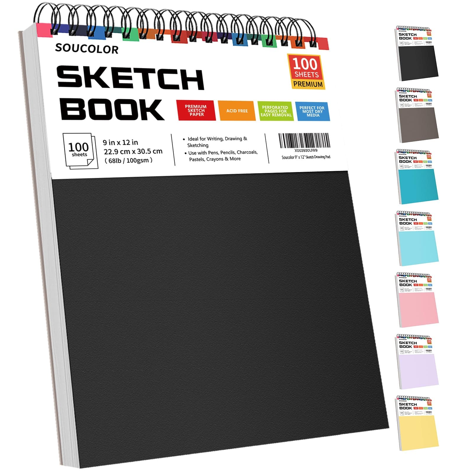 Soucolor Sketch Book, Spiral Bound Acid-Free Sketchbook with 68lb/100gsm for Paper Painting, Drawing, Writing, Artist Sketching Pad for Kids, Adults & Teens, 100 Sheets (Black, 9 x 12 Inch, Pack of 1) Black 9" x 12" (Pack of 1)