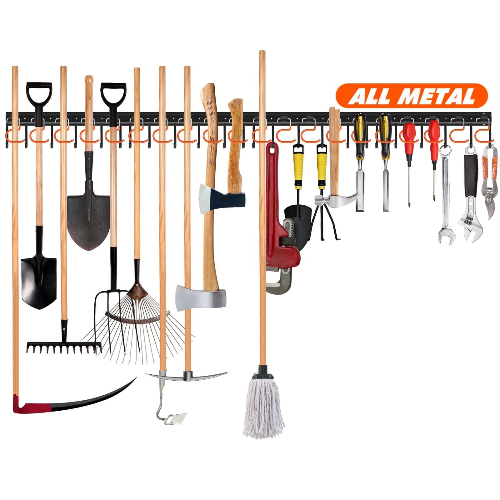 68'' All Metal Garden Tool Organizer Wall Mount Garage Tool Organizers and Storage Broom Holder Wall Mount with Hooks Tool Hangers for Shed Iron 68inch