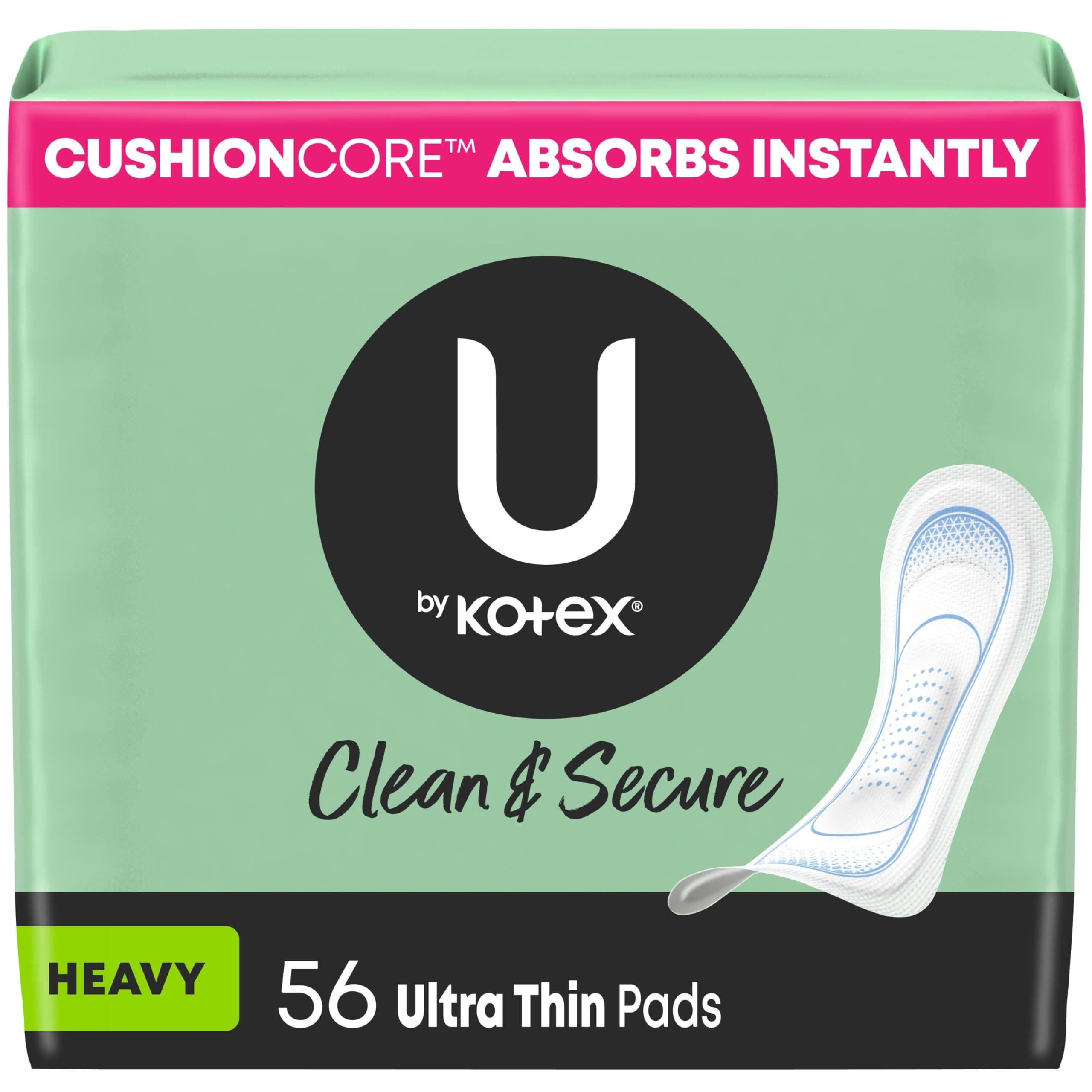 U by Kotex Ultra Thin Pads, Clean & Secure, Heavy Absorbency, 56 Count (Packaging May Vary) Heavy Absorbency 56