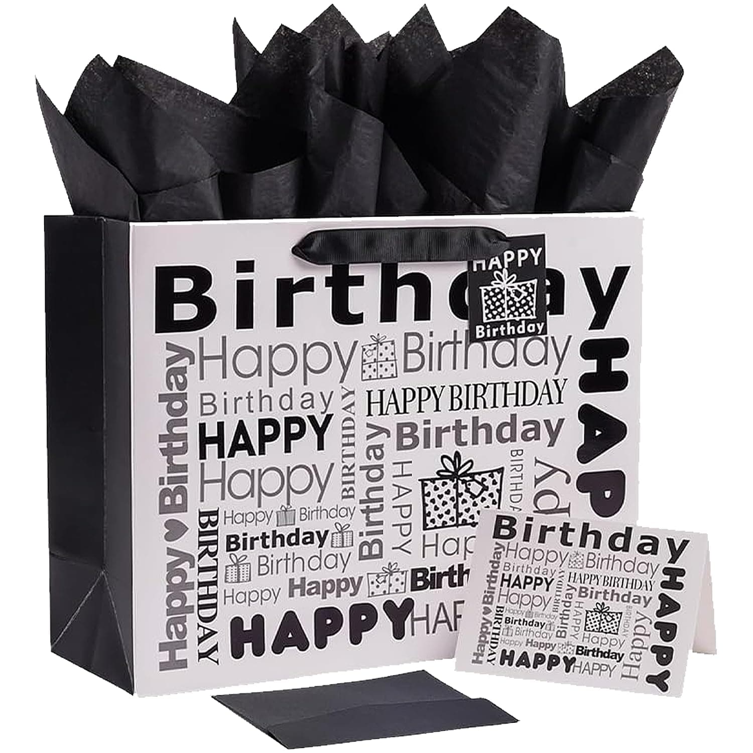 JWSCYSY 1Pcs White and Black Large Gift Bags with Tissue Paper, Happy Bithday Gift Bag for Men Women Birthday - 12.6" x 10.25" x 4.7".