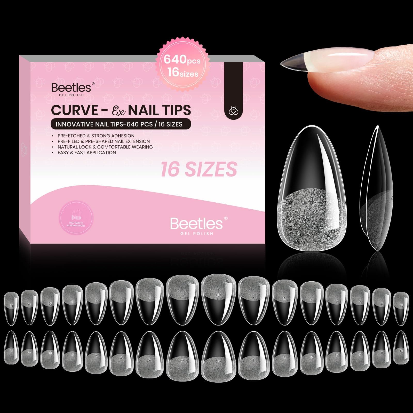 Beetles Gel Nail Tips Curve-EX - Almond Short, 640pcs 16 Sizes, Etch-X Half Matte Full Cover Soft Acrylic False Press on Nail Tips Easy DIY Nail Extension Art Salon for Curved & Natural Nail Beds 0-0-1-Almond Short 640pcs (Curve-EX Nail Tips)