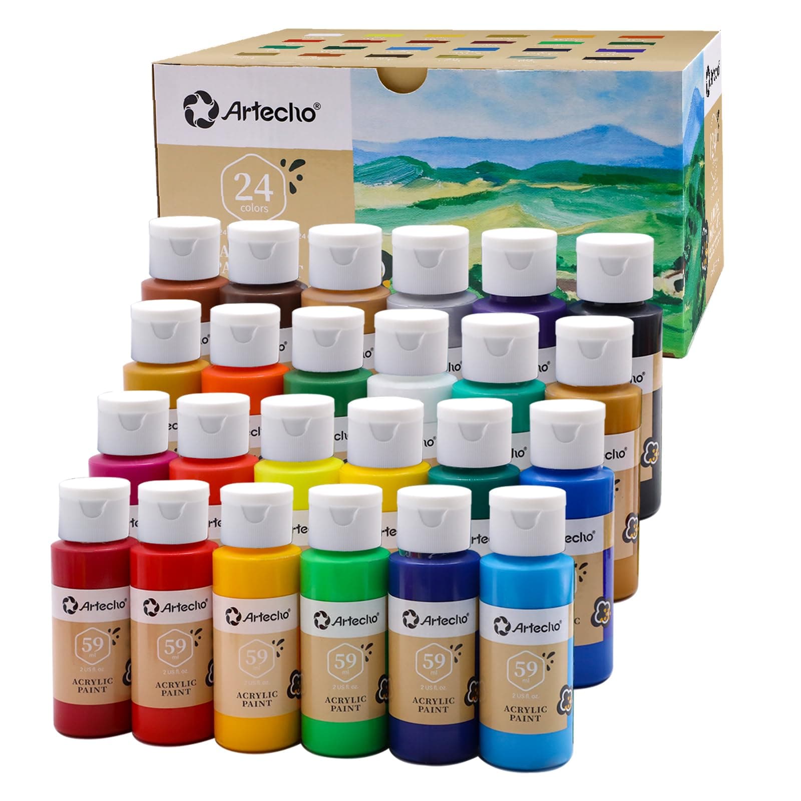 Artecho Acrylic Paint Set - 24 Colors, 2oz/59ml, Art Craft Paint for Canvas, Rocks, Wood, Fabric and Ceramic, Non-Toxic, Suitable for Artists, Students, Beginners and Adults