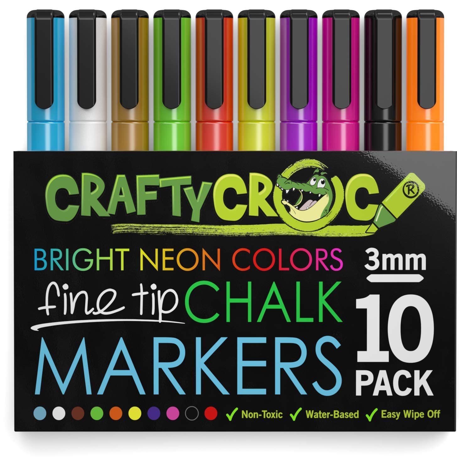 Crafty Croc Fine Tip Chalk Markers - (Precise 3mm Tip, 10 Neon Colors) - Erasable Dustless Liquid Chalk Ink Pens, Water-Based, Non-Toxic Bright Neon (Fine 3mm) 1 Count (Pack of 10)